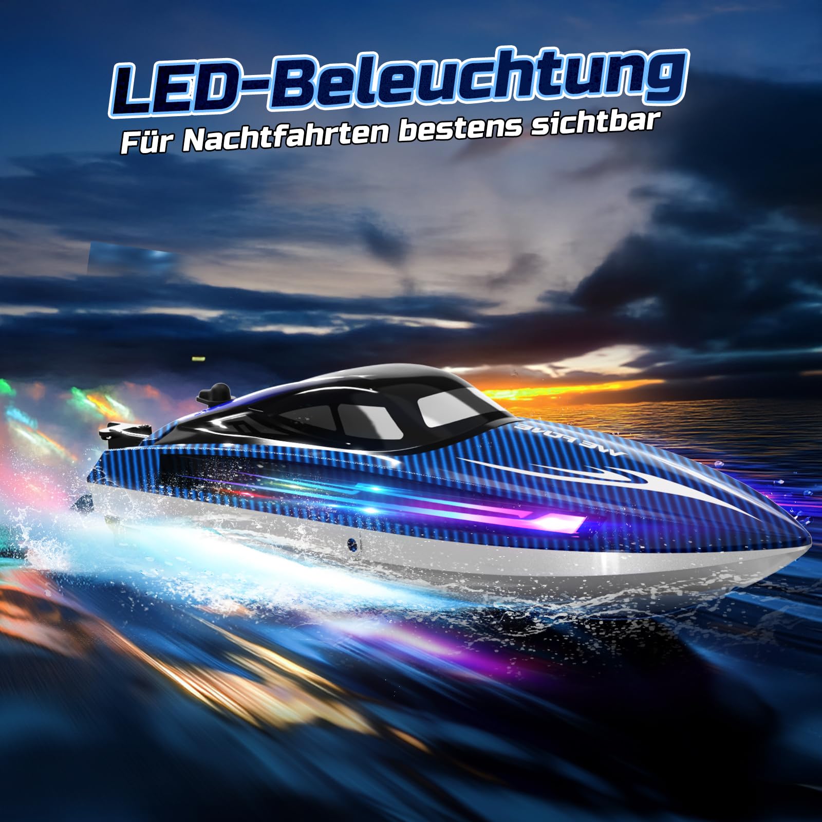 WeFone RC Boot für Kinder,2,4 GHz ferngesteuertes Boot mit LED-Lichtern, 40 Minuten Spielzeit, Wasserdicht & Kentersicher, Ideales Wasser-Spielzeug für Pool & See, Geschenk für Jungen ab 8 Jahren