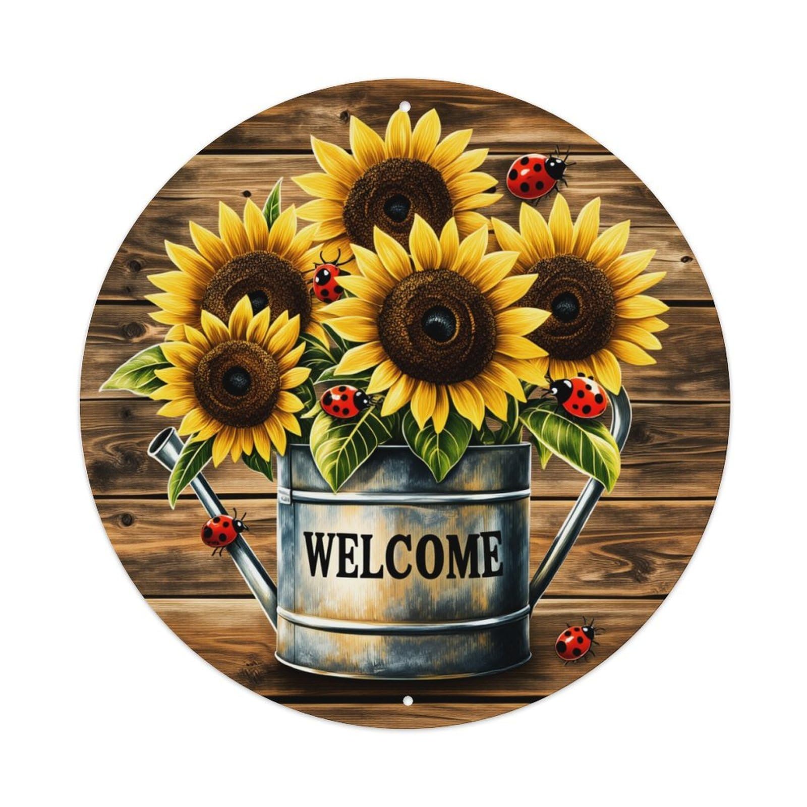 Sunflower Ladybug Welcome Bucket Wood Round Tin Sign Retro Metal Sign for Cafe Bar Pub Home Game Room Gym Club Wall Decoration Vintage Metal Poster 8x8 Inch