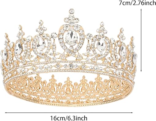 Gold Queen Crown for Women, Crystal Rhinestone Wedding Tiara, Baroque Bridal Crown, Round Full Crown Headband for Bride Prom Birthday Halloween Party Pageant Costume
