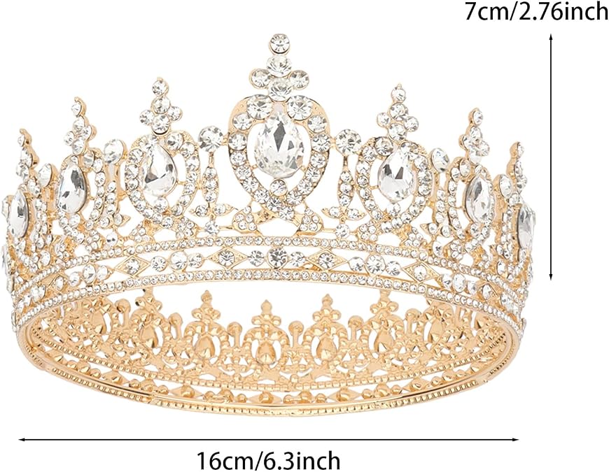 Gold Queen Crown for Women, Crystal Rhinestone Wedding Tiara, Baroque Bridal Crown, Round Full Crown Headband for Bride Prom Birthday Halloween Party Pageant Costume