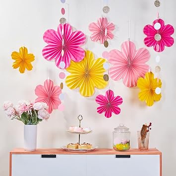 Easy Joy Pack of 9 Paper Fan Decoration Paper Flowers Hanging Paper Fan Garland Decoration Pink Yellow for Birthday Wedding Graduation Children Party