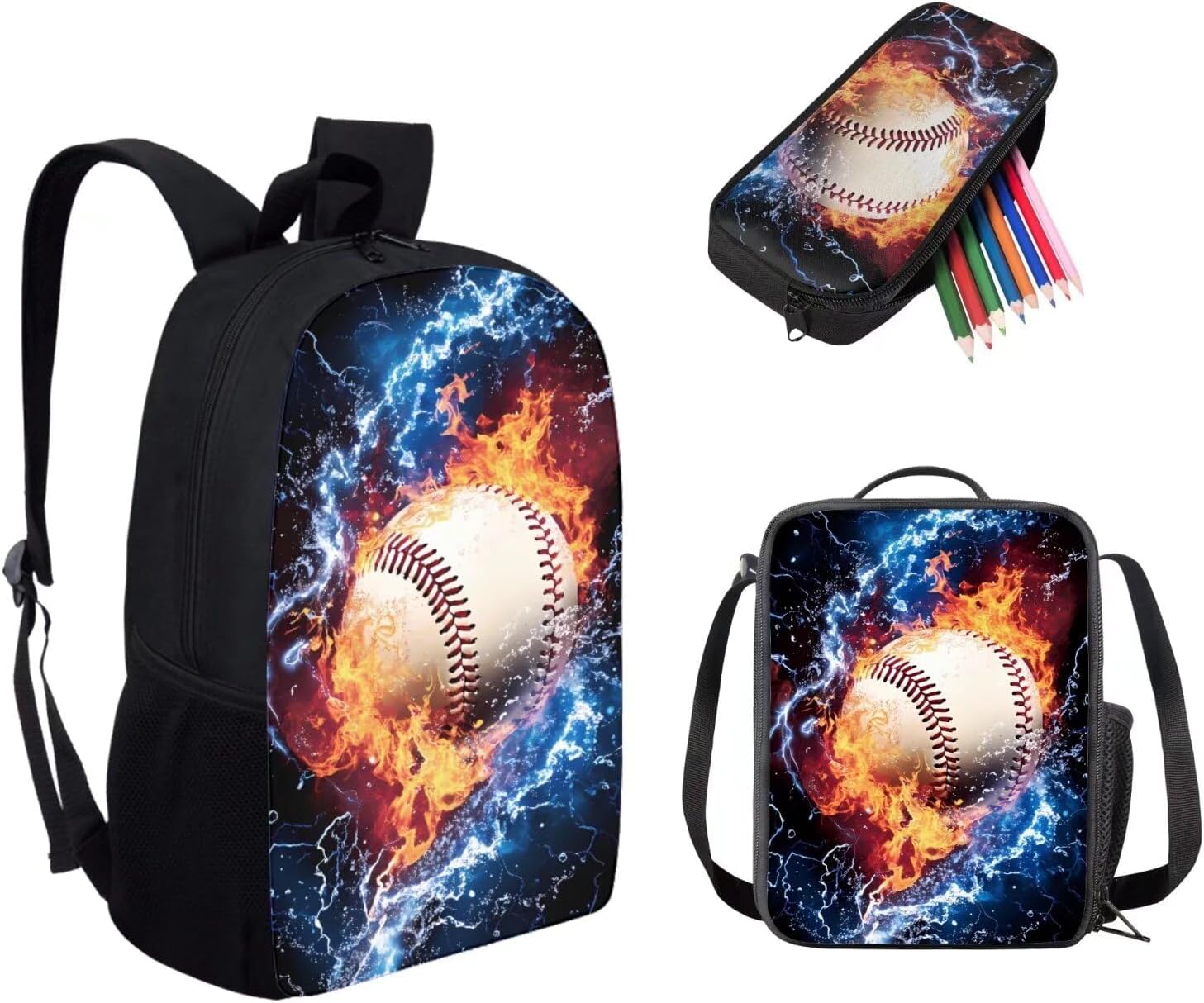 FOR U DESIGNS Boys Backpacks Ages 8-10 Baseball Bookbag and Lunch Box Set Kids Pencil Case Pouch for Elementary Kindergarten Middle School Outdoor Travel
