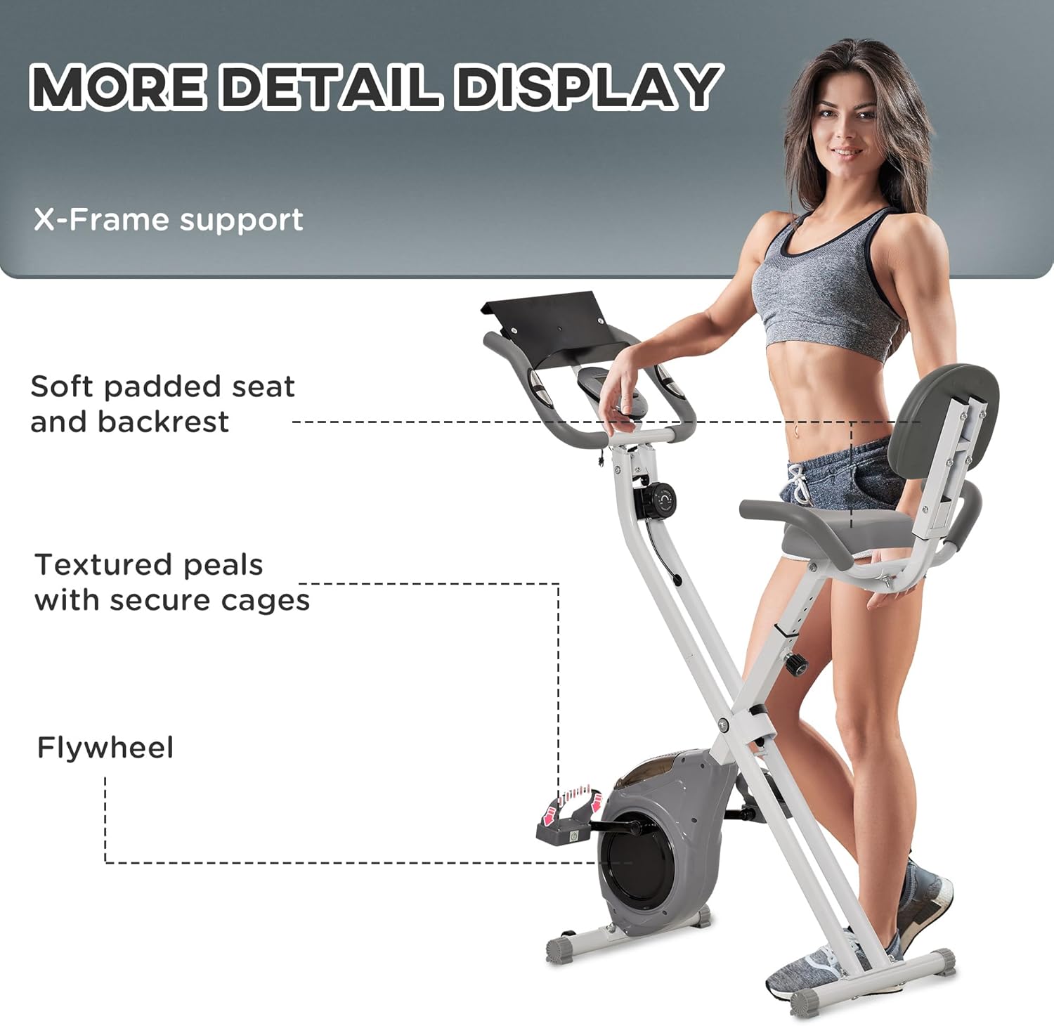 Detallada view of the Soozier Folding Exercise Bike showing X-frame, padded seat, pedals, and flywheel