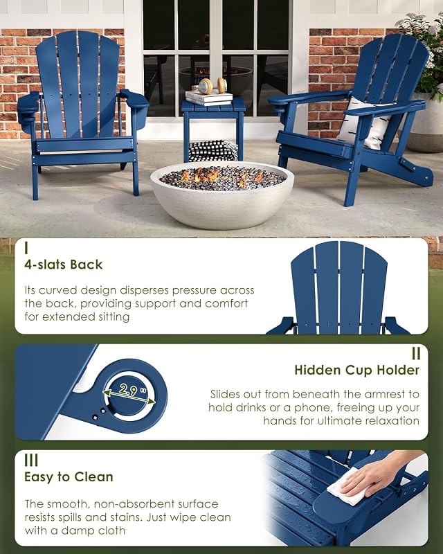 GREENVINES Folding Adirondack Chairs Set of 2 w/Cup Holder, HDPE, Blue image 5