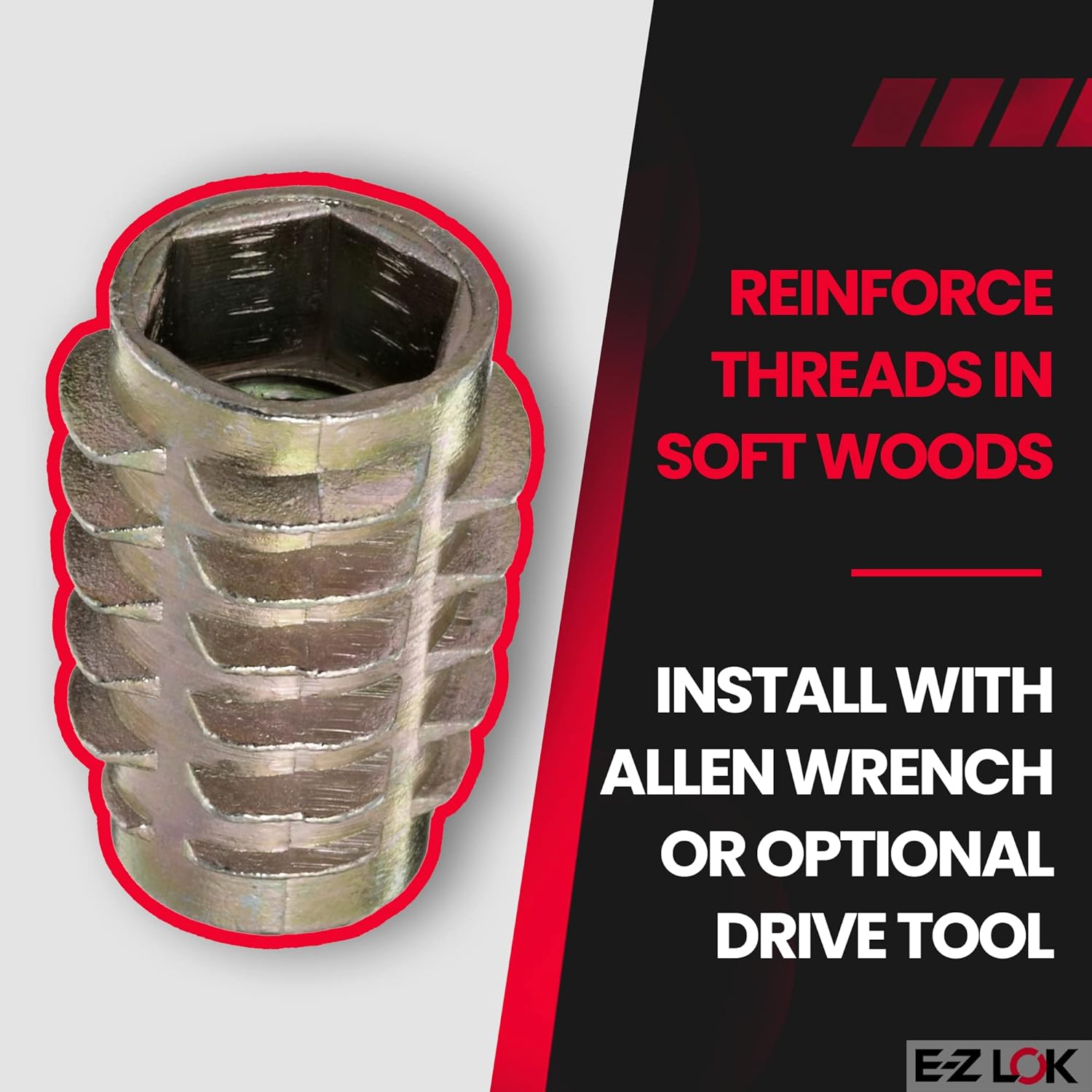 E-Z LOK Knife Threaded Insert for Soft Wood, Zinc Hex-Flush Thread Inserts 5/16-18 Internal Threads, 0.789" Length Pack of 50