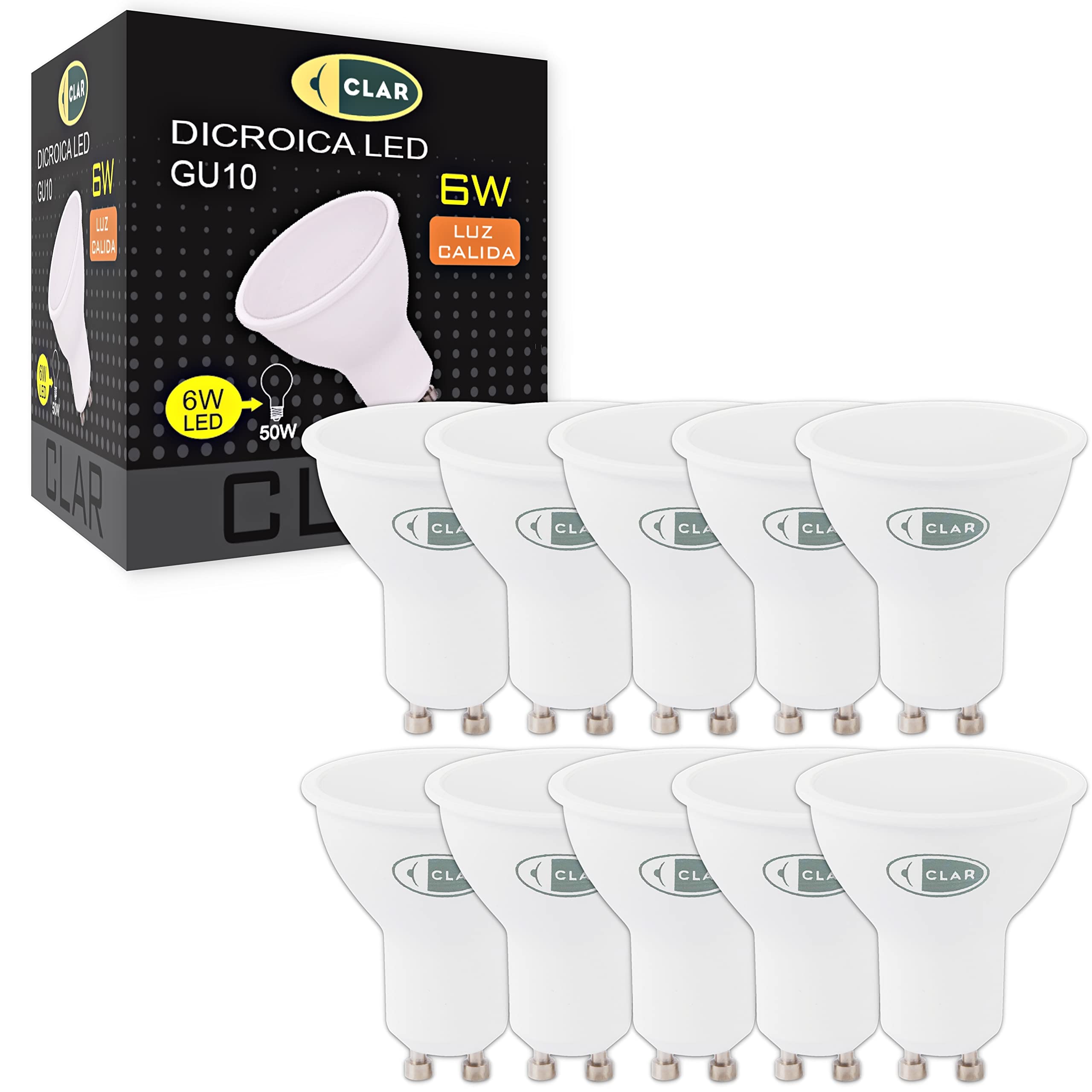 CLAR - 6W GU10 LED Bulb, GU10 LED Bulb, GU10 LED Spotlight, GU10 Warm White LED Bulb, GU10 Warm White LED Spot Light (Pack of 10)