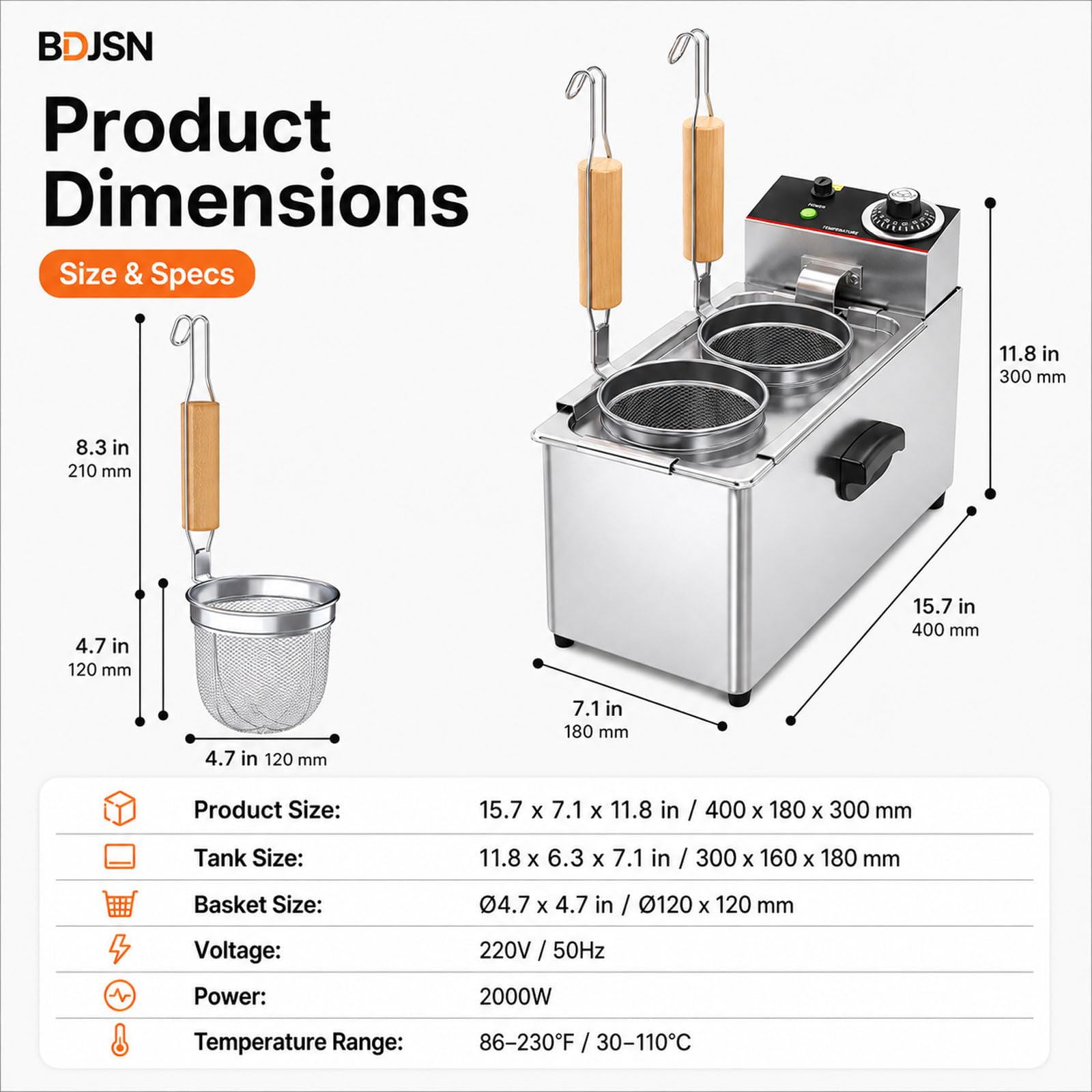 Elektrischer Gastro-nudelkocher, 2000 W Edelstahl-pastakocher Mit 2 Runden Siebkörben, Thermostat 30–110 °c, Kompaktes Auftischgerät