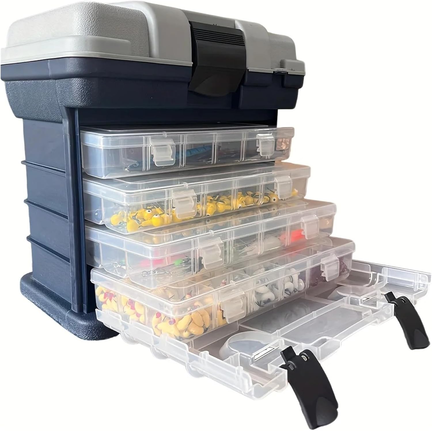 A Portable Fishing Tackle Box, A Four-layer Bait, A Grey Accessory Storage, A Plastic (blank Fish Bo