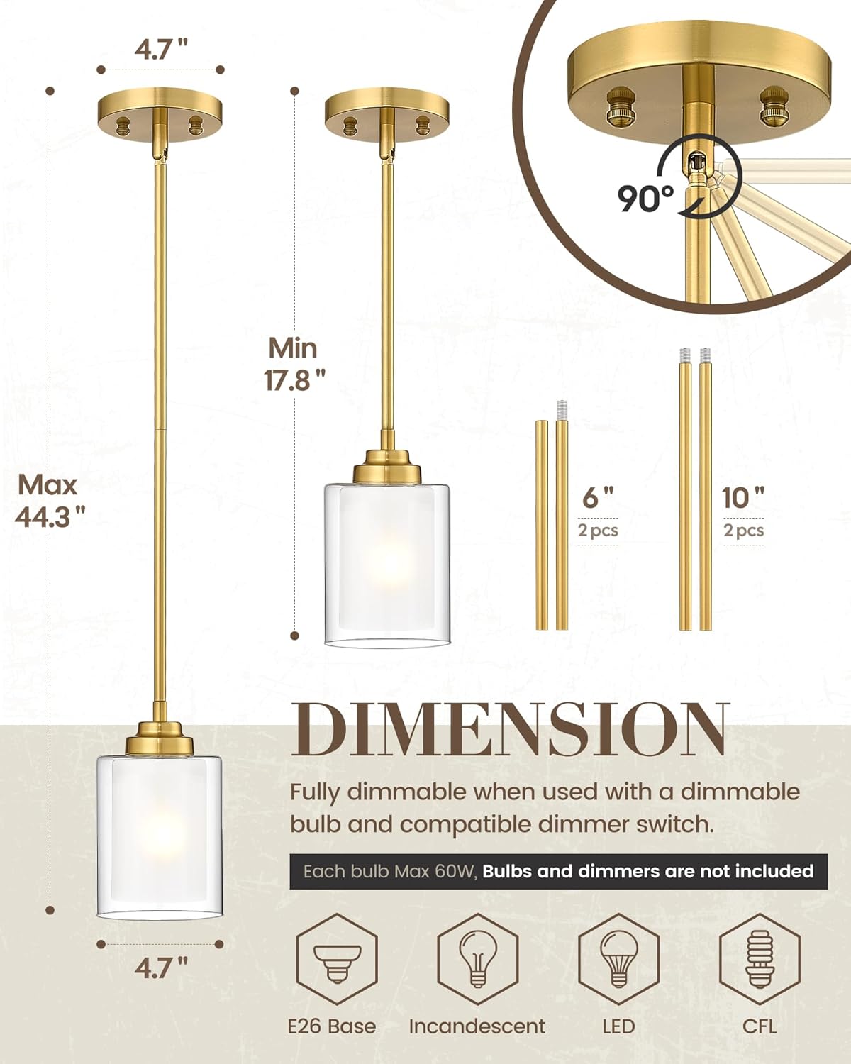 TENGXIN Modern Pendant Light,Brushed Gold Modern Pendant Light for Kitchen Island,Hanging Ceiling Light Fixture,Farmhouse Pendant Lighting for Dining Room Bedroom Bar Office 2Pack,TXPLBG02-2PK