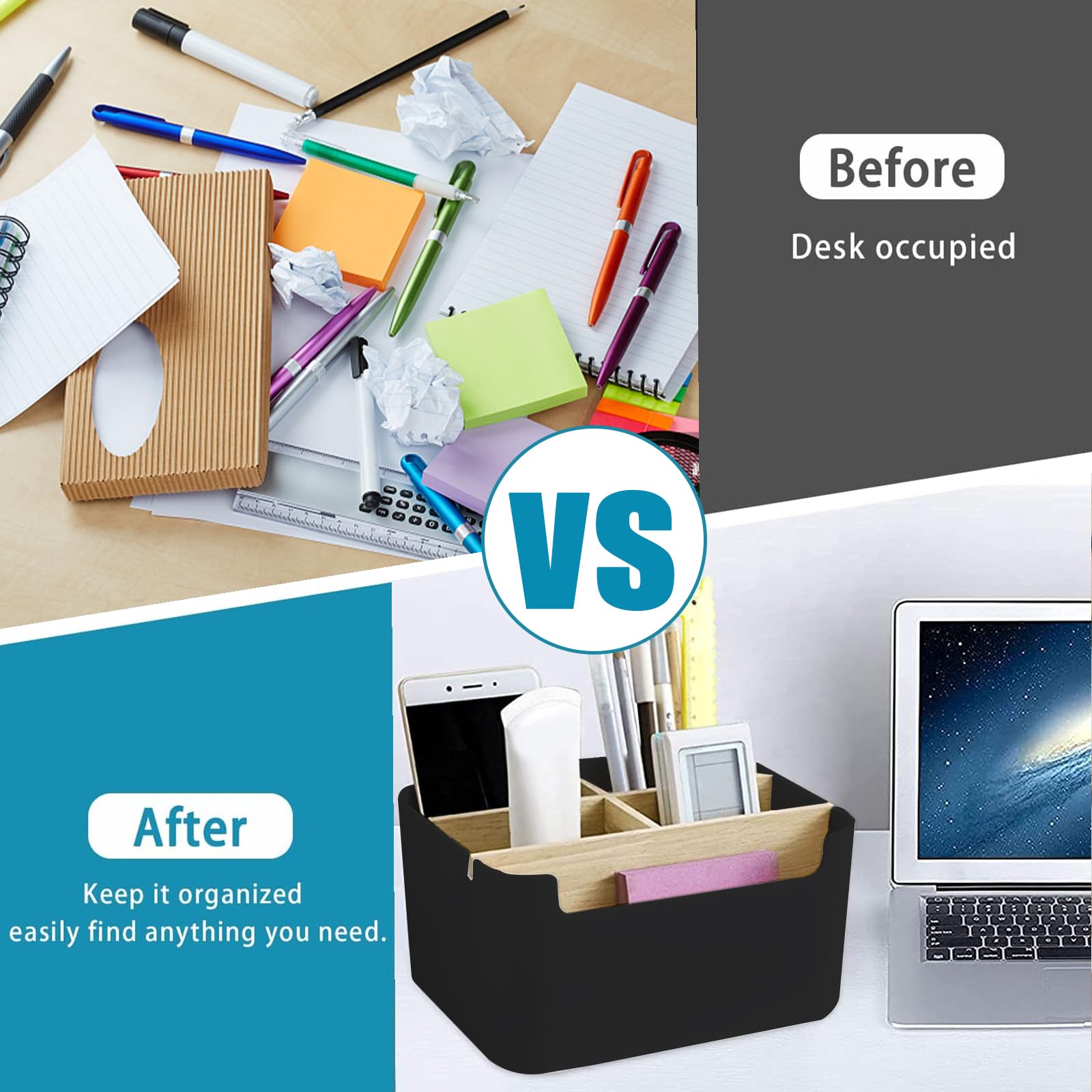 Organizer Da Scrivania In Bambù 5 Scomparti - Porta Oggetti Per Cancelleria E Accessori - Foto 6