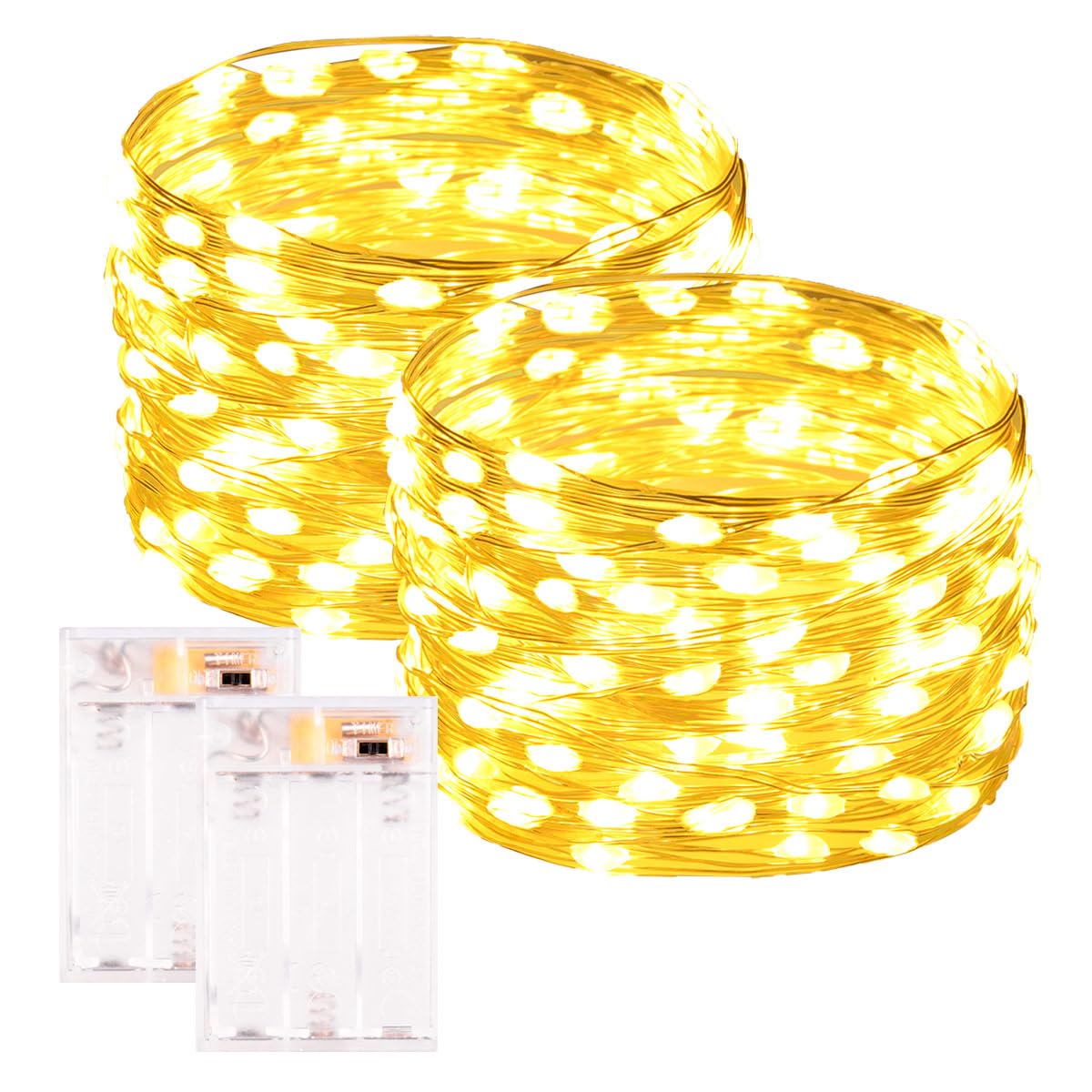PCORES 2Pack Warm White Fairy Lights Battery Operated with Timer, Waterproof 10m 100LED String Lights Indoor Outdoor, Copper Wire Fairy Lights for Bedroom, Christmas, Parties, Wedding, Centerpiece