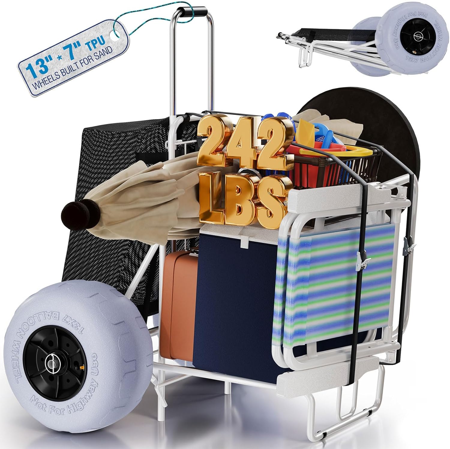 PYY Beach Cart with Big Balloon Wheels for Sand, Foldable Wagon Dolly Buggy Trolley with 242 Lbs Loading Capacity, 13" Large Rolling Tires, Collapsible Storage Bag for Outdoor Fishing Camping Shopping Gray