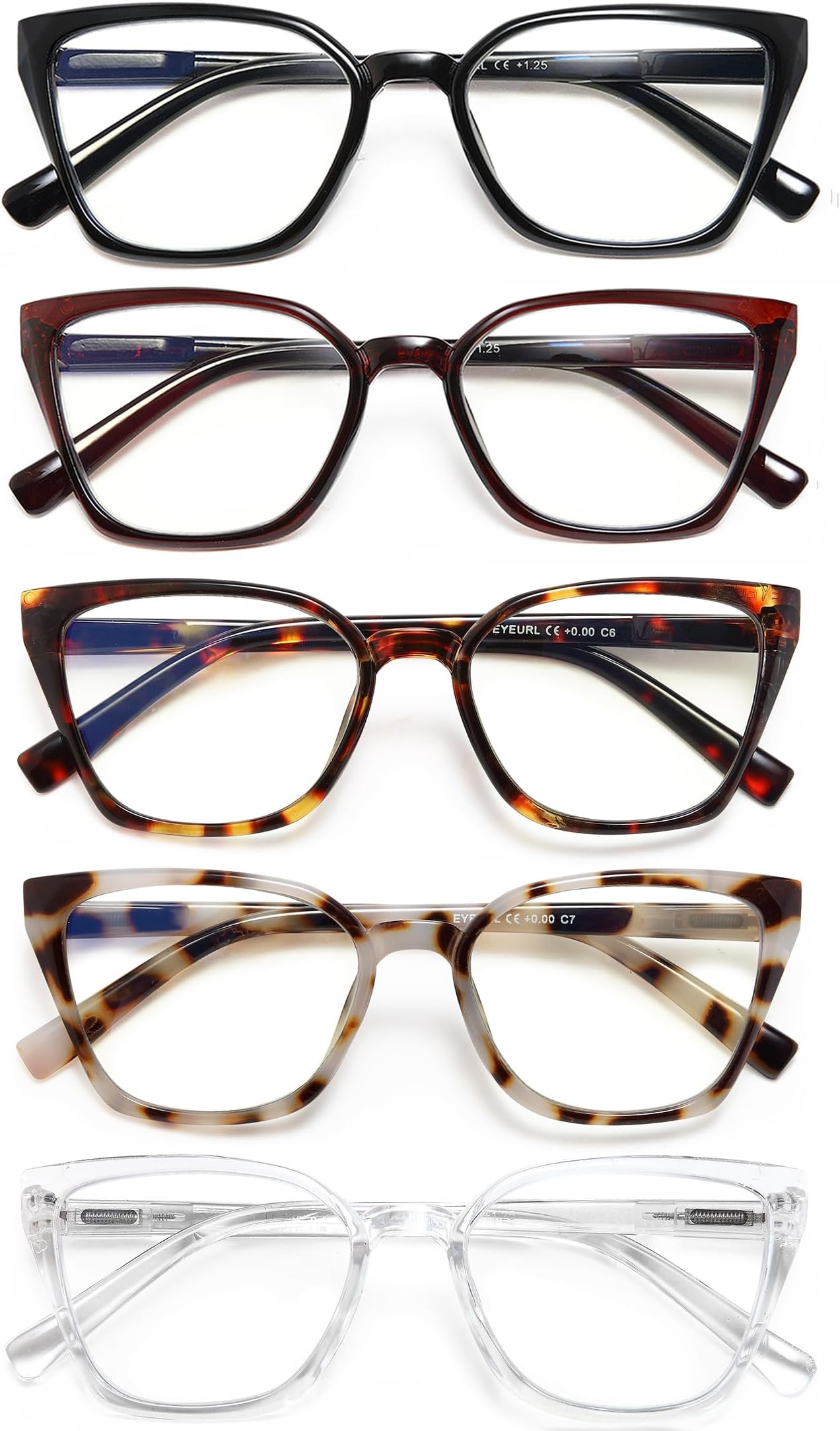 EYEURL Cat Eye Readers for Women - 5 Pack Blue Light Blocking Reading Glasses Ladies +2.50 Fashion Square Frames Magnification with Spring Hinge