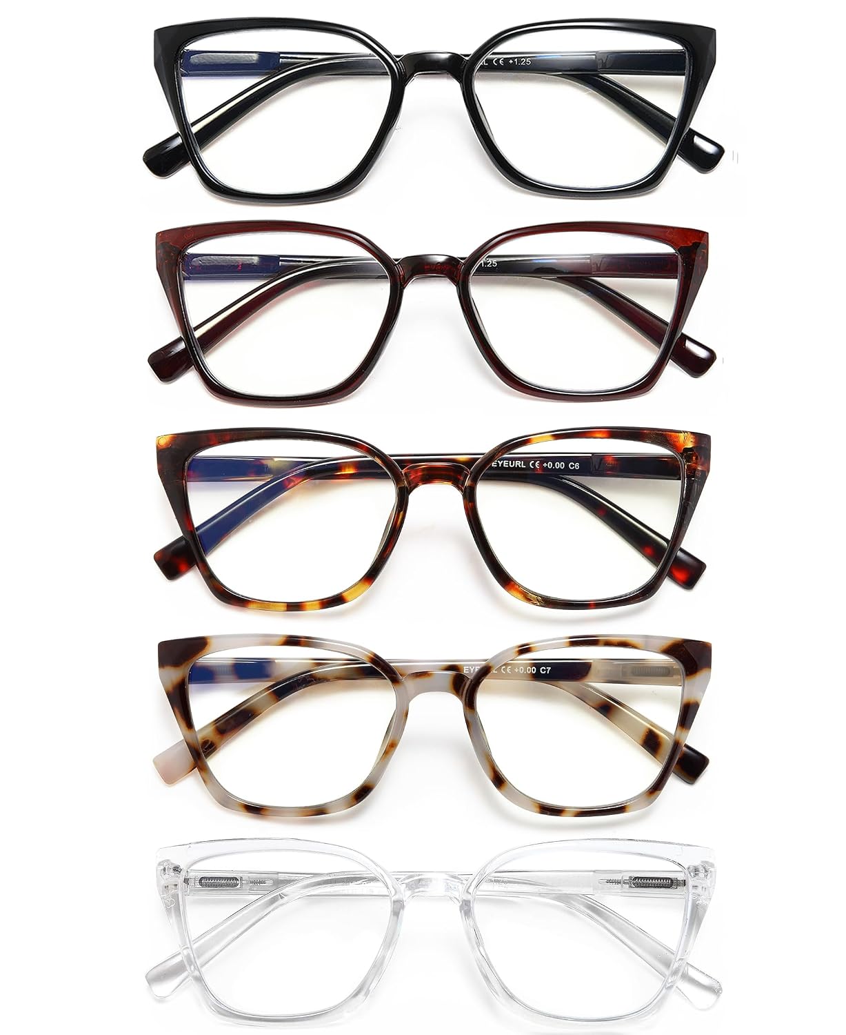EYEURL Oversized Blue Light Blocking Reading Glasses Ladies- 5 Pack Readers for Women Fashion Square Frames with Spring Hinge