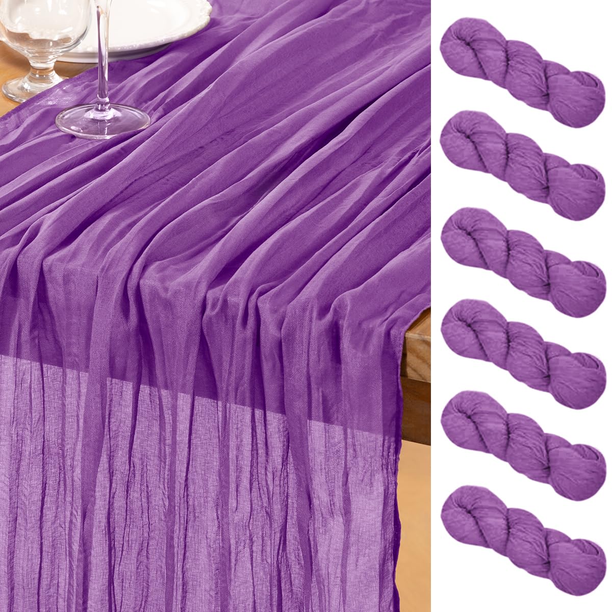 Photo 1 of DeZerlor Dark Purple Cheesecloth Table Runner 6 Pack Summer Table Runners Boho Gauze 120 Inches Cheese Cloth Table Decor for Wedding Bridal Baby Shower Parties
