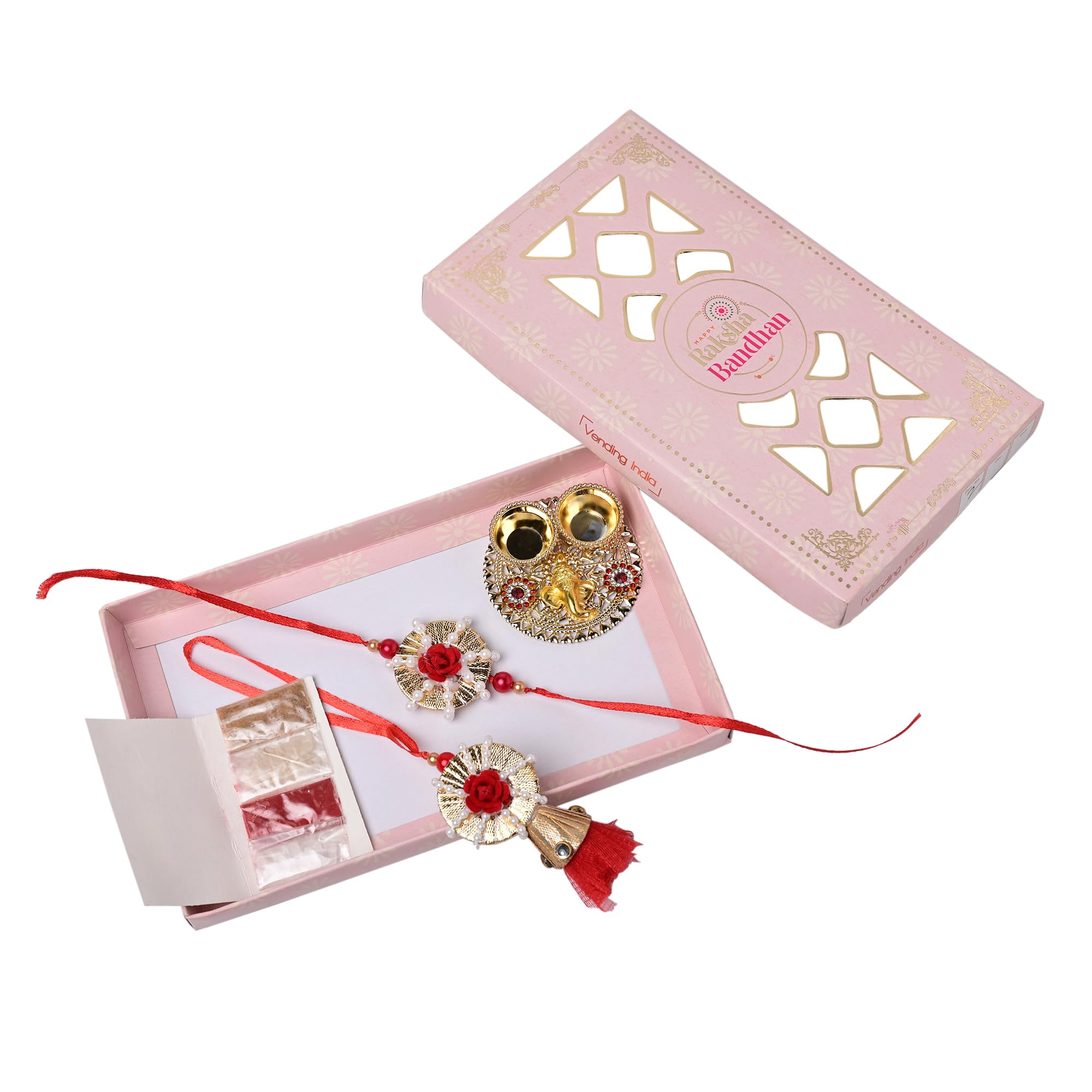 Vending India Gota Patti Bhaiya Bhabhi Pair Rakhi In A Gift Box With Roli Chawal Platter - Combo with Roli, Chawal, Chandan & Mishri in a Rakshabandhan Card (RED)-image-11