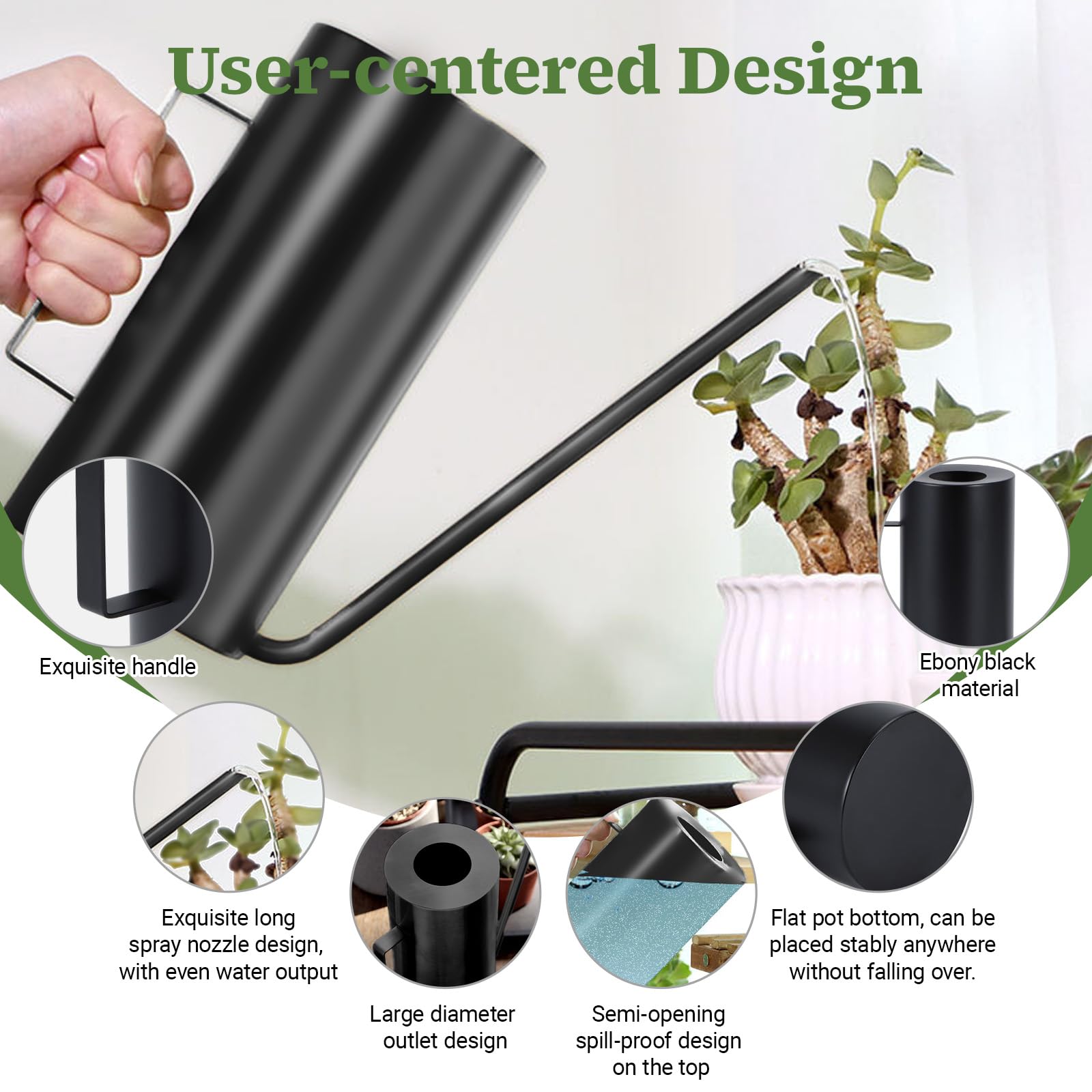 Annaffiatoio in Acciaio Inox,1.5 L Annaffiatoio Piccolo Moderno per Piante da Interno con Beccuccio Lungo Lnnaffiatore Giardino,per Casa,Bonsai(Nero)