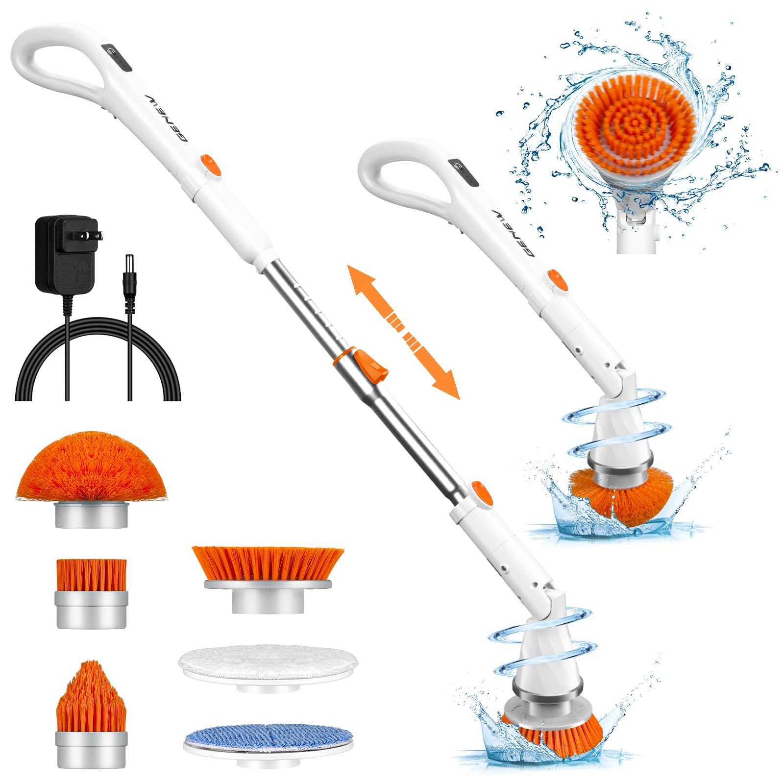 Electric Spin Scrubber - Cordless Spin Scrubber for Cleaning, Power Scrubber for Bathroom with 6 Replaceable Brush Heads & Adjustable Extension Handle, Electric Cleaning Brush for Tub, Car, Floor