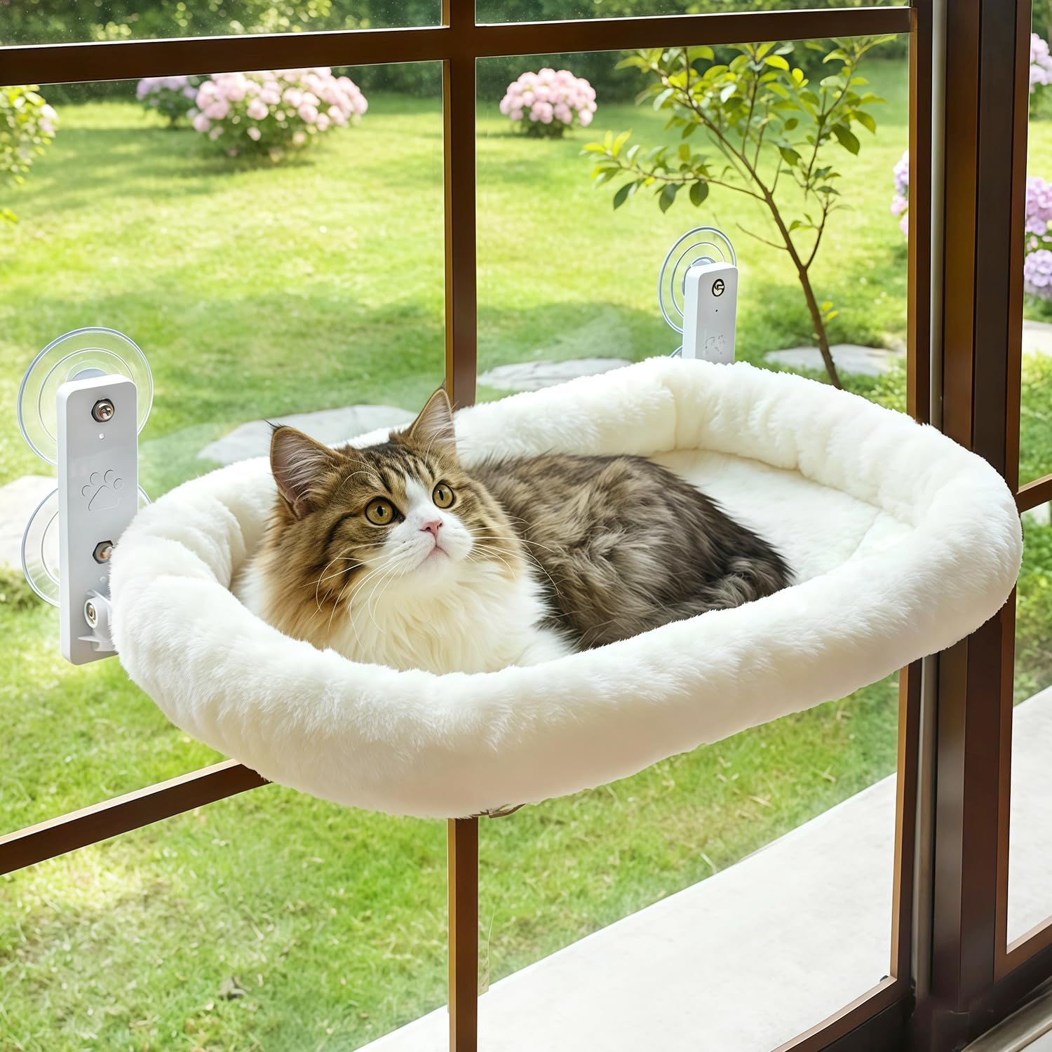 AMOSIJOY Cordless Cat Window Perch, Cat Hammock for Window with 4 Strong Suction Cups, Solid Metal Frame and Soft Cover, Foldable Cat Beds for Indoor Cats