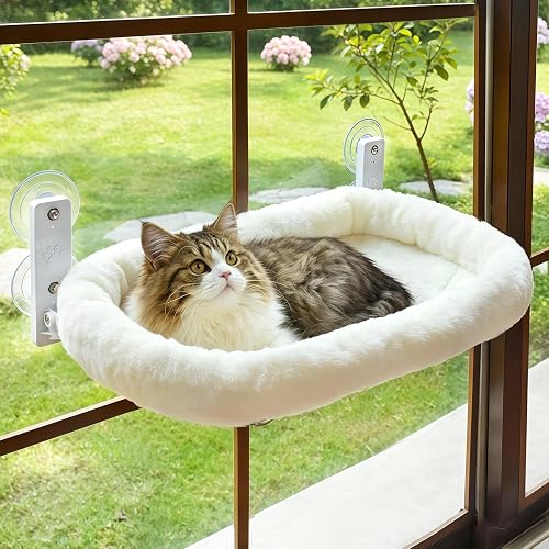 AMOSIJOY Cordless Cat Window Perch with Cushion Bed Metal Frame, L White