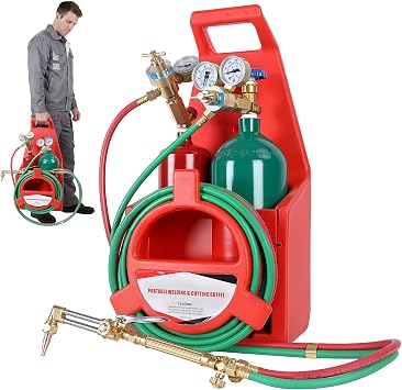 Oxy Acetylene Torch Kit, Portable Cutting Torch Kit with 4L Oxygen and 2L Acetylene Tanks, Oxygen Acetylene Torch Kit with Regulators and Gauges, Gas Welding Kits (Red)