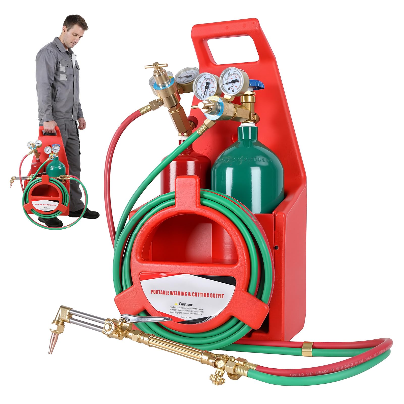 Diowewea Red Oxy Acetylene Torch Kit, Portable Cutting Torch Kit With 4L Oxygen And 2L Acetylene Tanks, Oxygen Acetylene Torch Kit With Regulators And Gauges, Gas Welding Kits (Red)