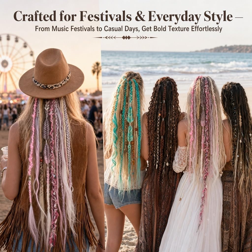 Extension de Cheveux Élastique Dreadlock Queue de Cheval Boho avec Perles, 22", Tresse Viking Effet Plage, Attache Facile en 1 Minute pour Festival & Quotidien(C)