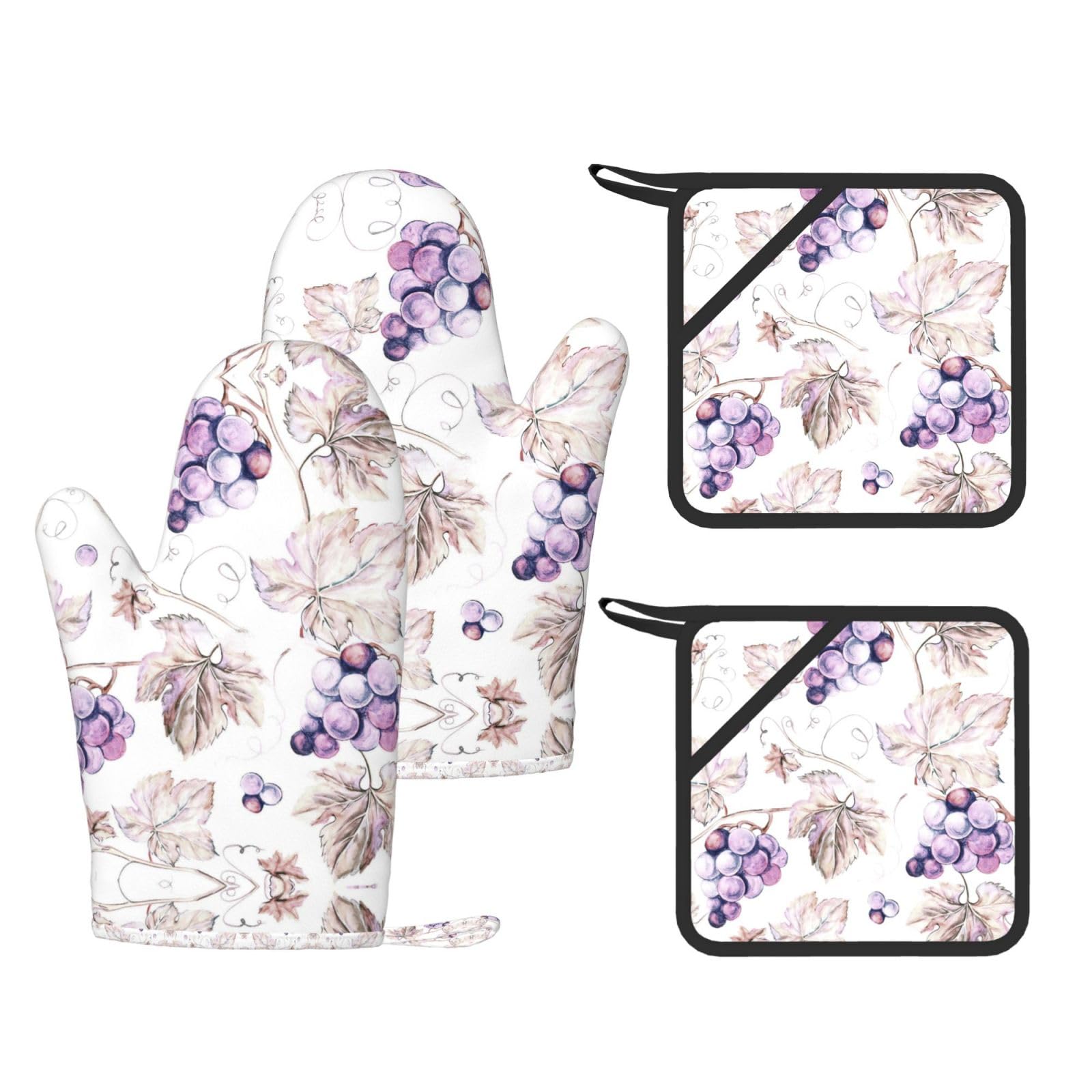 Beautiful grape leaves Trendy Printed Kitchen Set with Heat Resistant Gloves & Non-Slip Hot Pads for Baking & Grilling