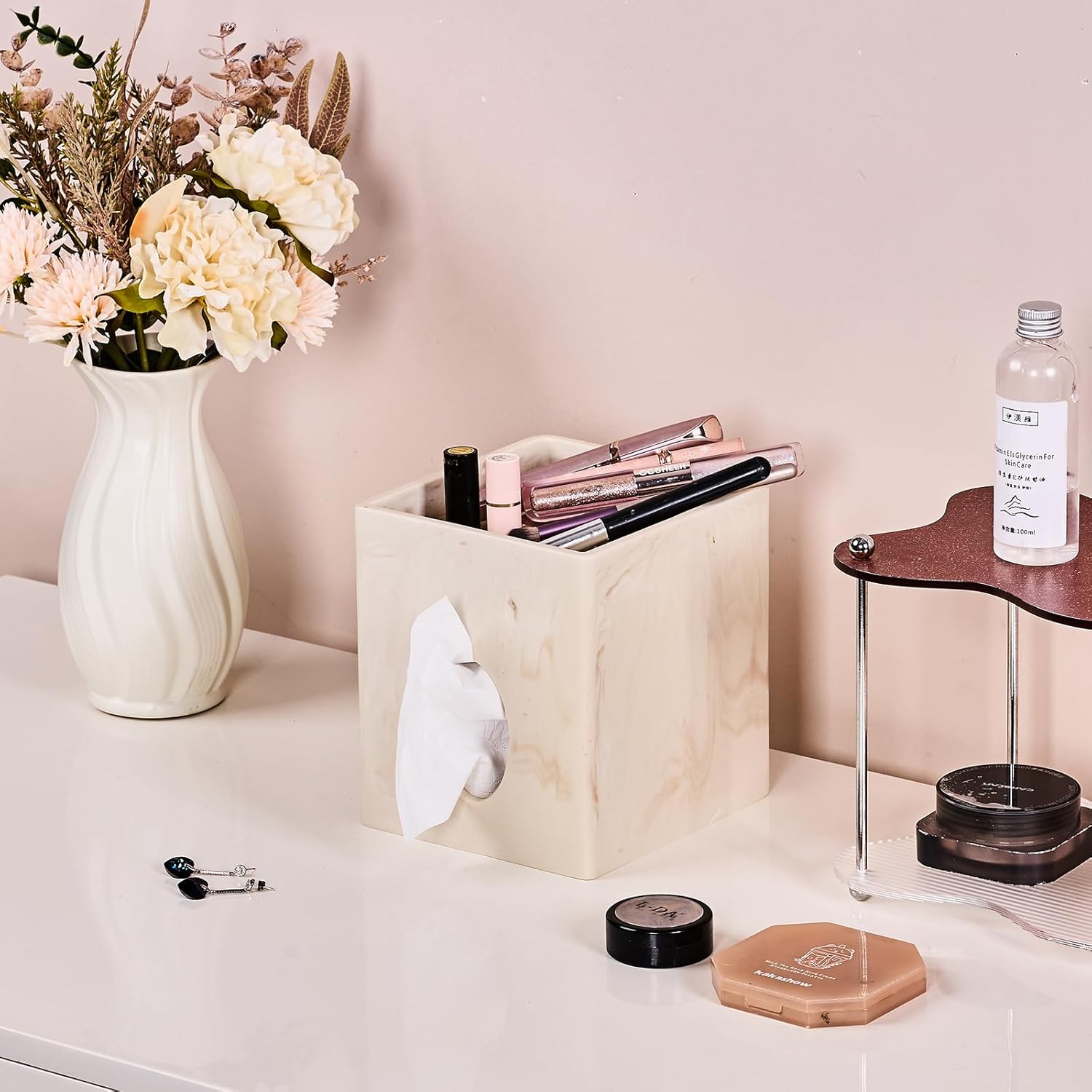Beige Natural Marble Stone Textures Square Tissue Box Cover with Storage Tray, 2-in-1 Tissue Holder Decorative Organizer for Bathroom, Vanity, Kitchen Countertop, Bedroom Night Stands, Office Desk Top