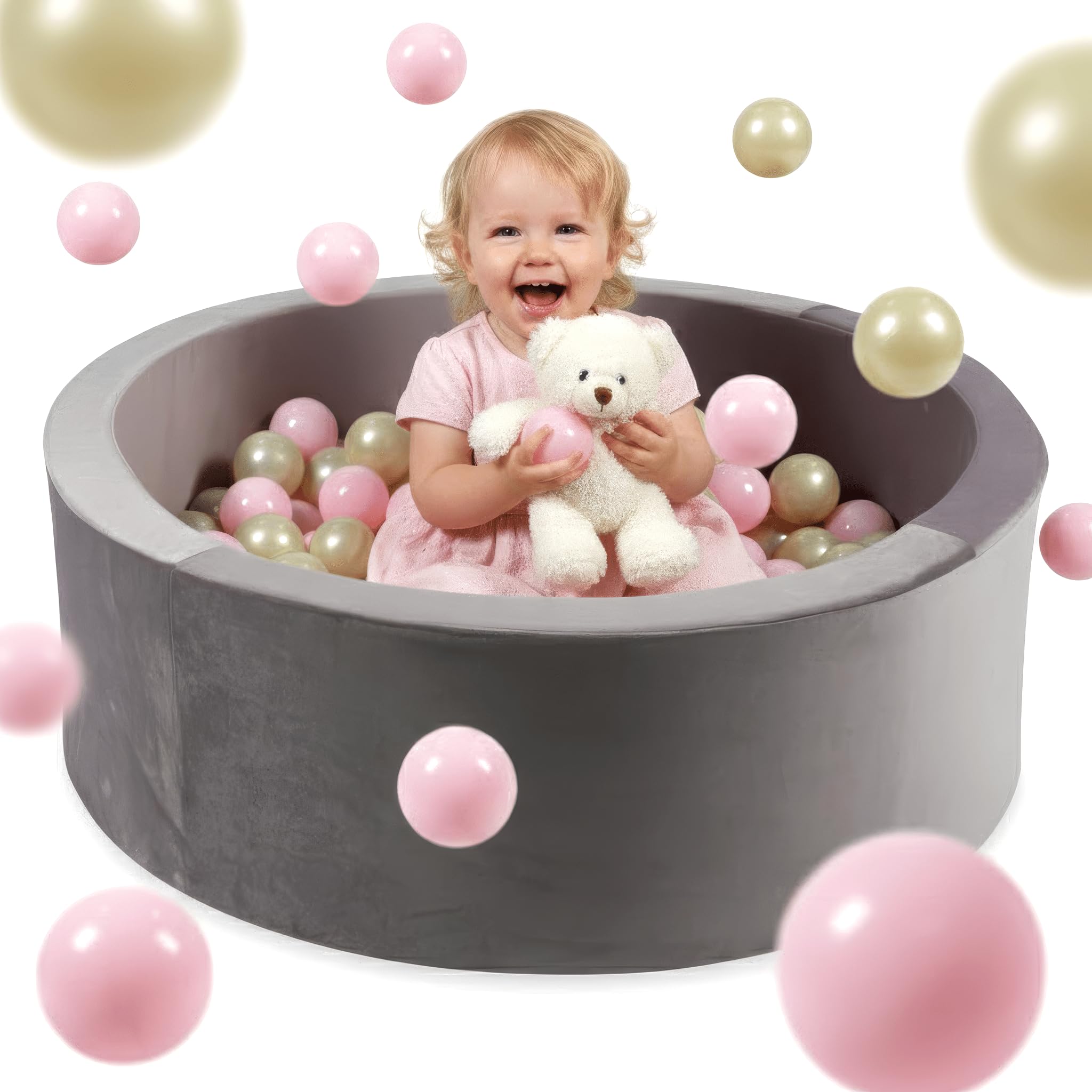 Mimii Piscine à balles bébé Ronde 90x40 cm en Mousse (Housse en Velours) - Couleur Lilas - 300 Balles: Doré Clair/Rose Clair