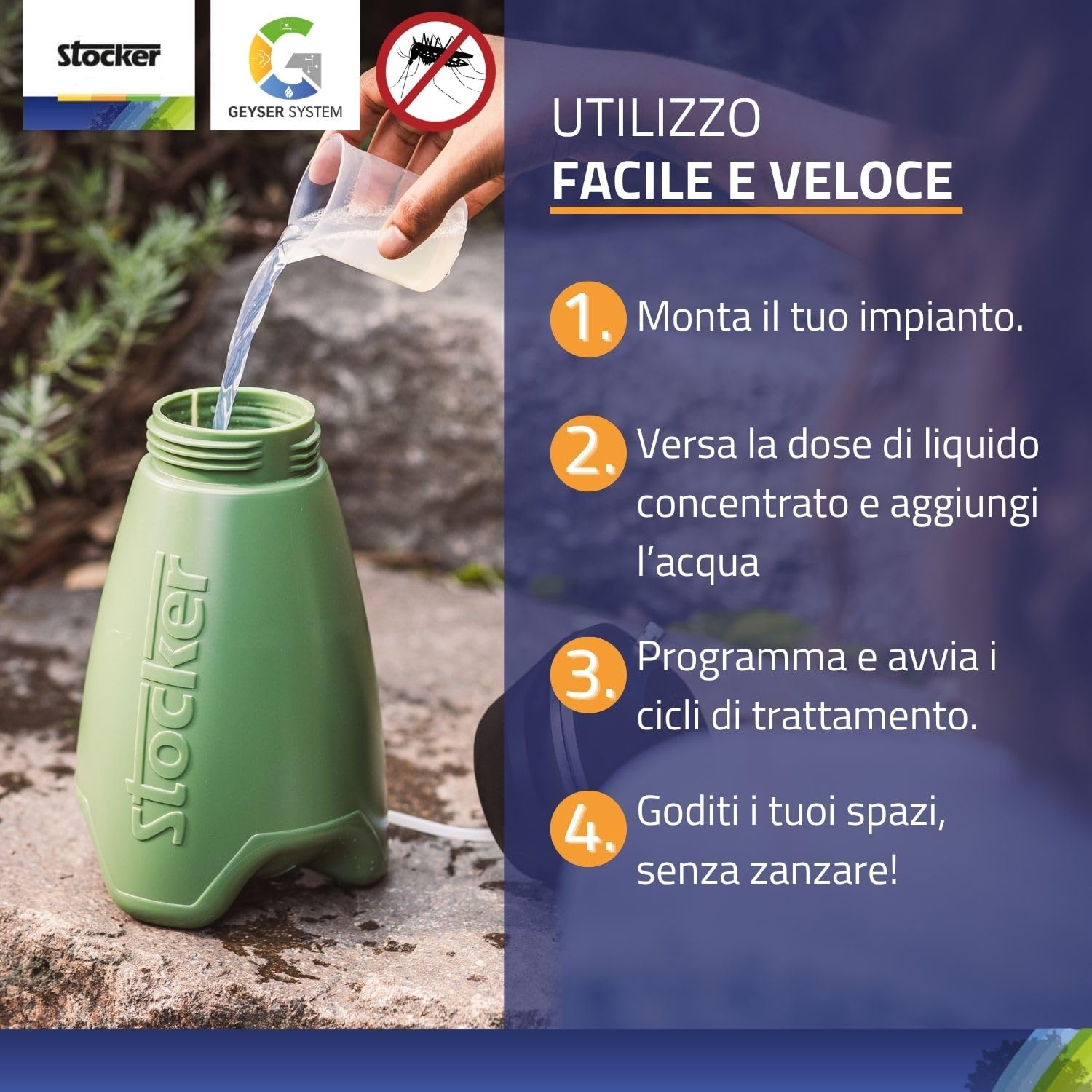 STOCKER - Geyser Nebulizzatore 2 L Li-Ion - Kit Completo Anti-Zanzare con Batteria Li-Ion 3,6 V, Serbatoio 2 L e 10 m di Tubo - Copertura Perimetrale fino a 10 mq