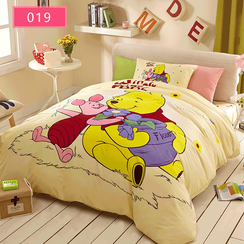 100% Cotton Kids Twin 3 Pieces Winnie Pooh Flower Bedding Sets 1 Duvet Cover 1 Flat Sheet 1 Pillow Case(Without Comforter) (Twin, Winnie Pooh Flower)