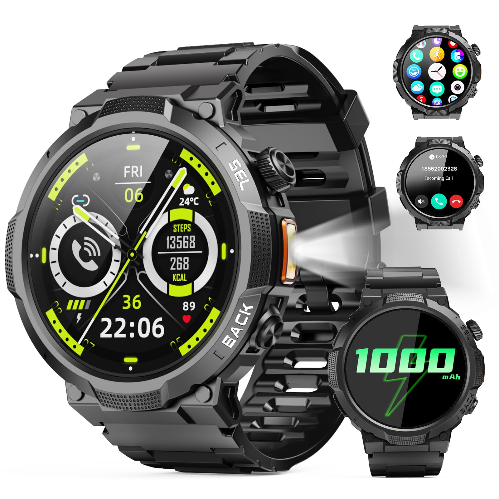 Soudorv Montre Connectée Homme, Militaire Smartwatch avec LED Lampe, Noir