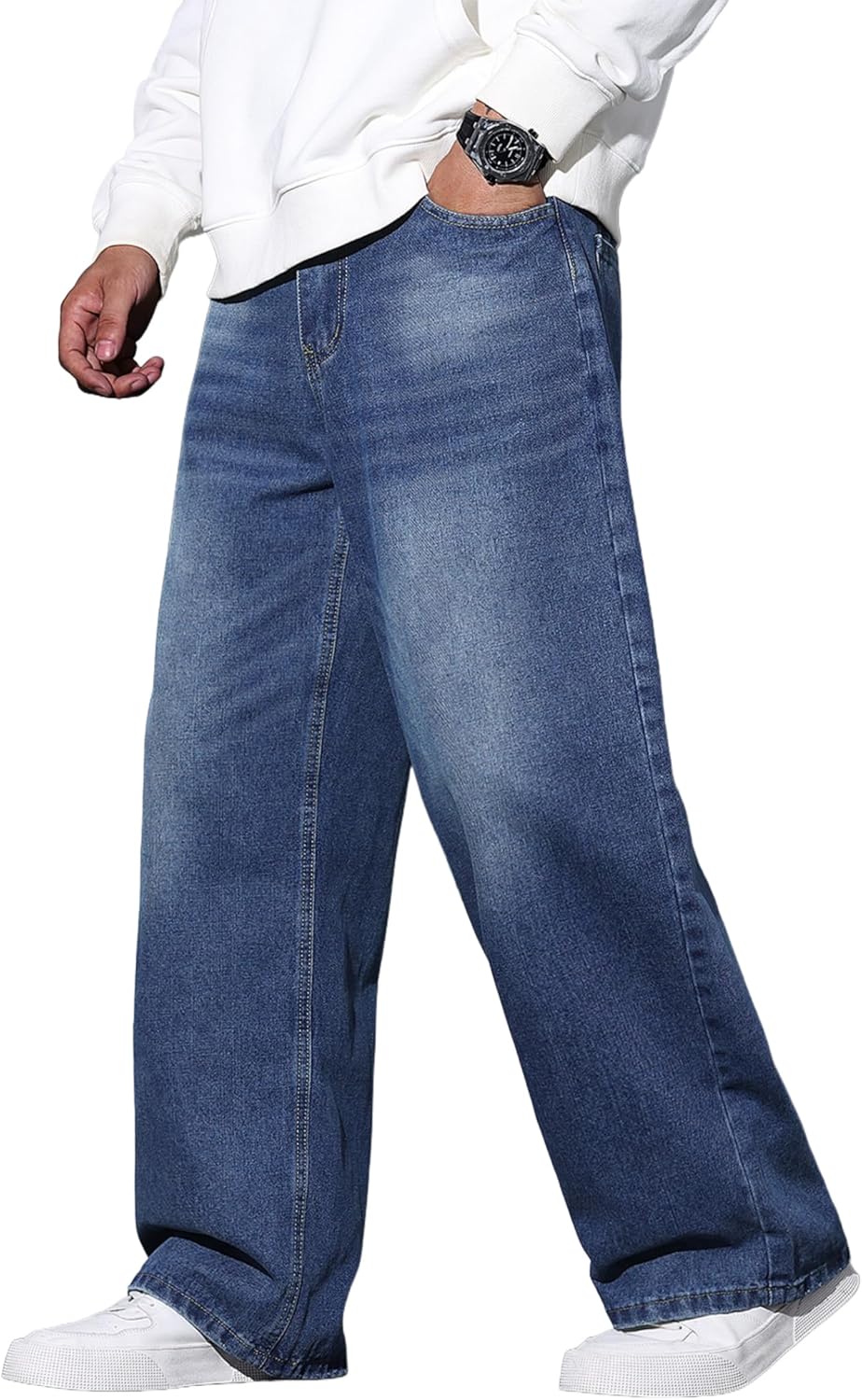 QGRSWBC Baggy Jeans Men Wide Leg Hip Hop Jeans Mid Rise Denim Pants Loose Fit Skater Trousers