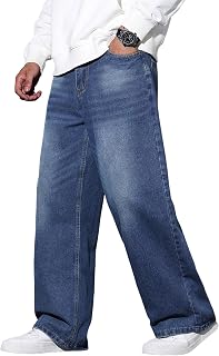 Men's Baggy Hip Hop Jeans Wide Leg Skater Denim Pants Casual Loose Fit Streetwear
