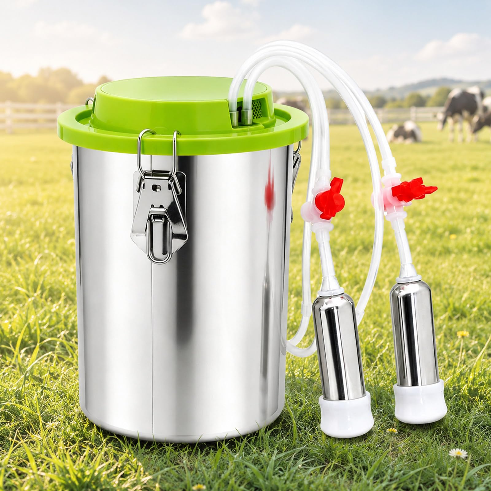 richigblosmum Portable Cow Milking Machine for Cows & Goats, Integrated Goat Milker Machine with 8L/12L/16L Stainless Steel Bucket, 48W Pulsation, Auto Stop, Easy Carry for Farm Use Cow-16L