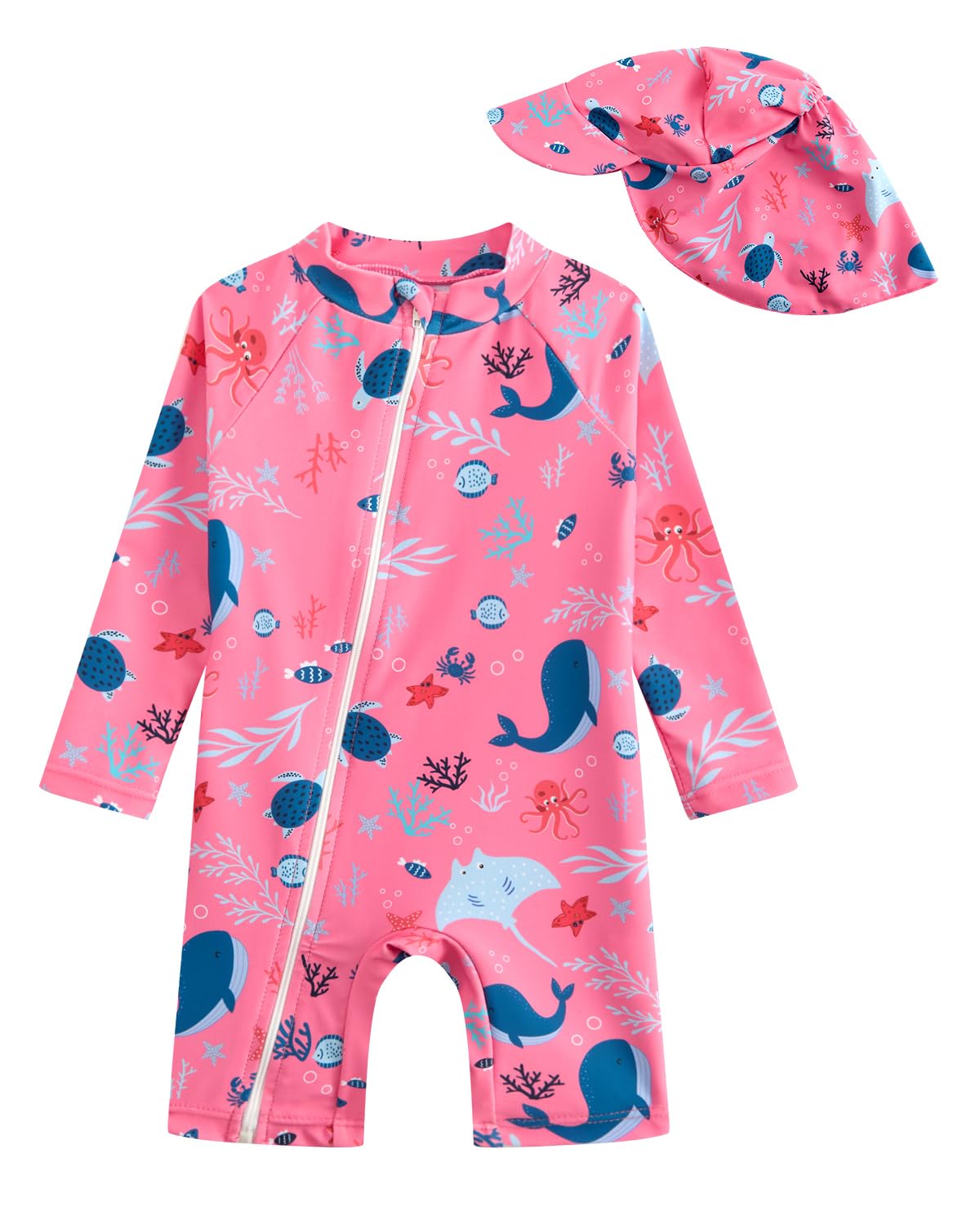 DivingBirds Costume da bagno intero per bambina, a maniche lunghe, con cerniera obliqua e cappuccio