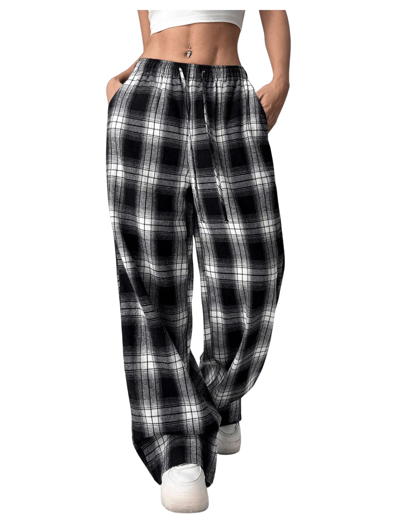 SHENHE Womens Wide Leg Plaid Pants Low Rise Baggy Y2k Loose Lounge Pj Pants Trousers