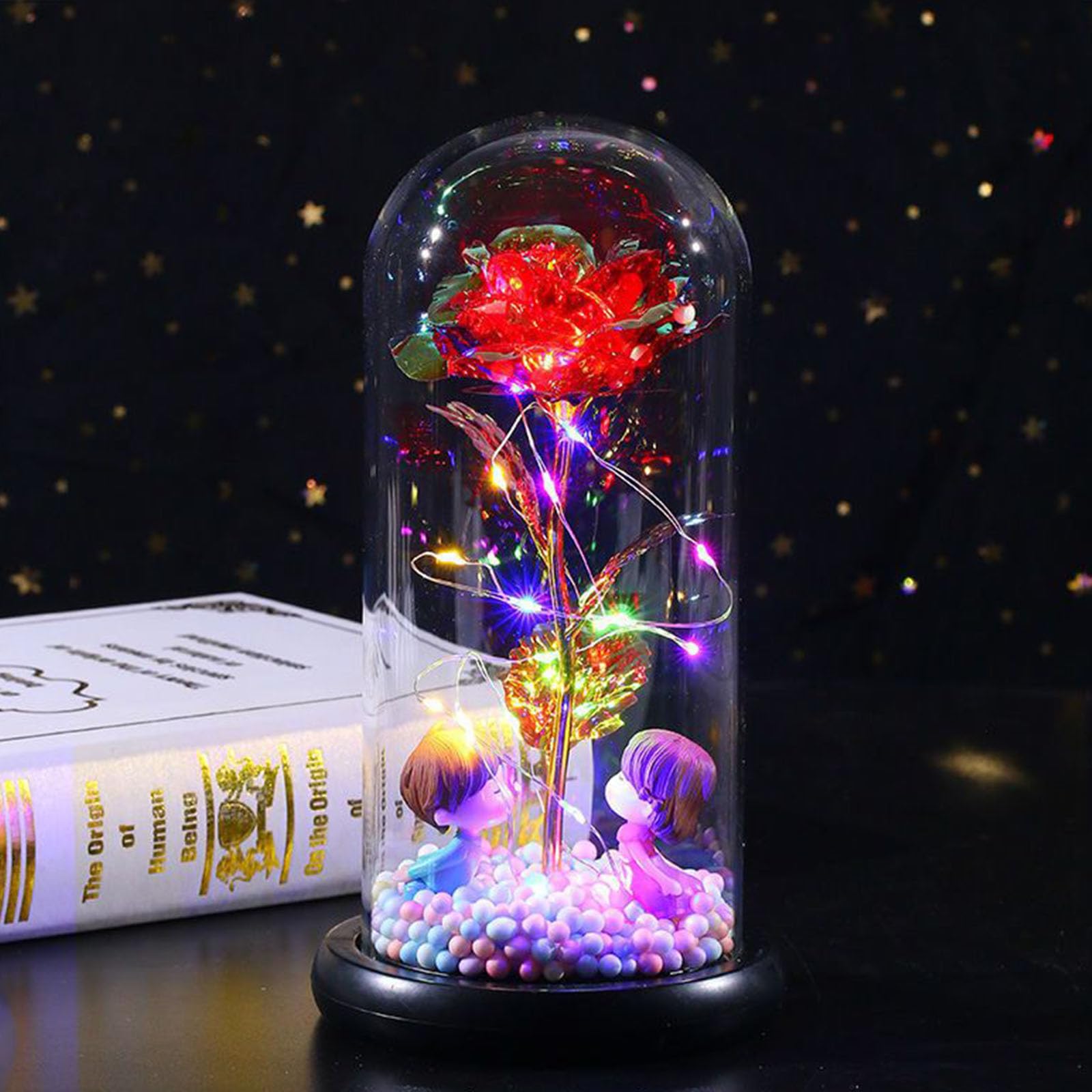 Fespcj Handmade Everlasting Rose Glass Cover Box Set Wedding Decoration Red Rose Can Be Given to Parents Friends Gift Party Graduation Gift Mother's Day Gift for Her 3*AAA Batteries (8.46"*4.52")