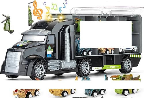 BOKABOKA Camión de dinosaurio 19 en 1 para niños, 12 mini dinosaurios, 4 autos de tracción de dinosaurio, 2 vehículos transportadores de transporte