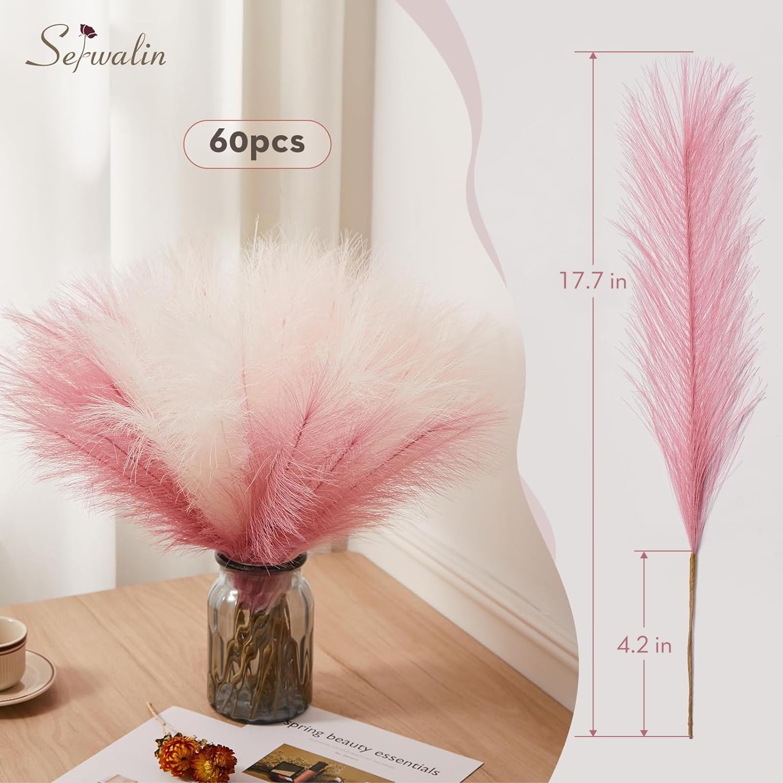 Serwalin 60 Pcs Pink Pampas Grass Decor, 17.7