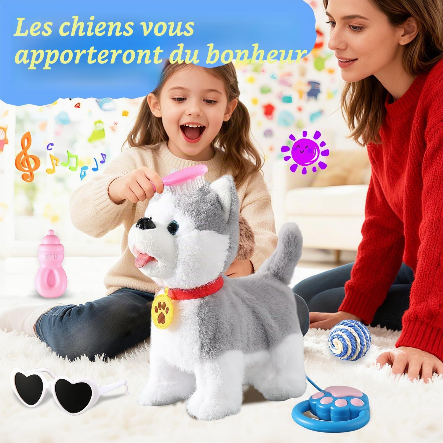 Jouet husky chantant qui marche qui aboie et répète ce que vous dites - Queue réaliste et léchante - Chien mécanique avec touche électronique ou parole