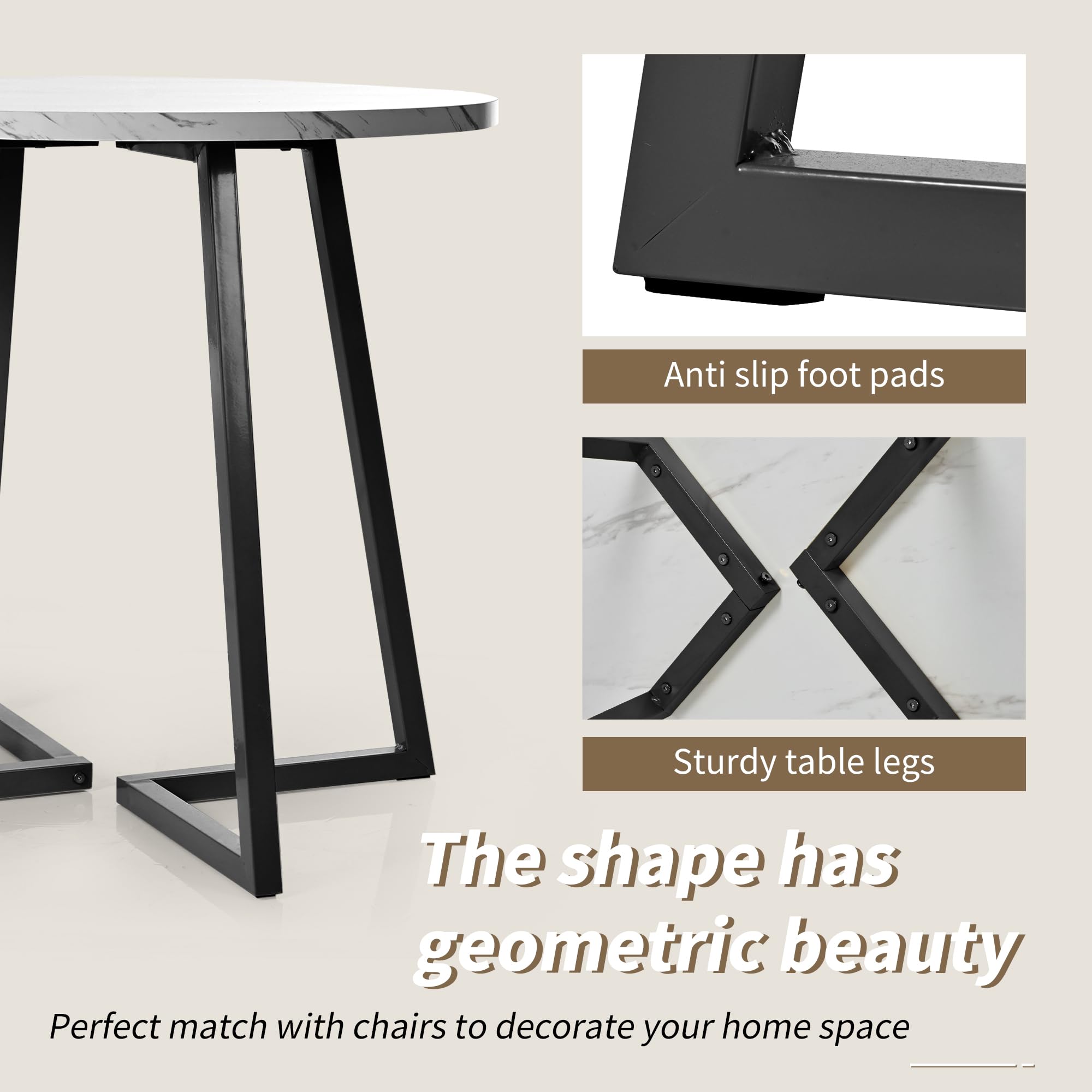 Tavolo Rotondo da Cucina in MDF con Gambe in Metallo, Tavolo da Pranzo Moderno con Motivo Marmo, per Esszimmer e Soggiorno, Bianco e Nero, Diametro 80 cm, Altezza 75 cm