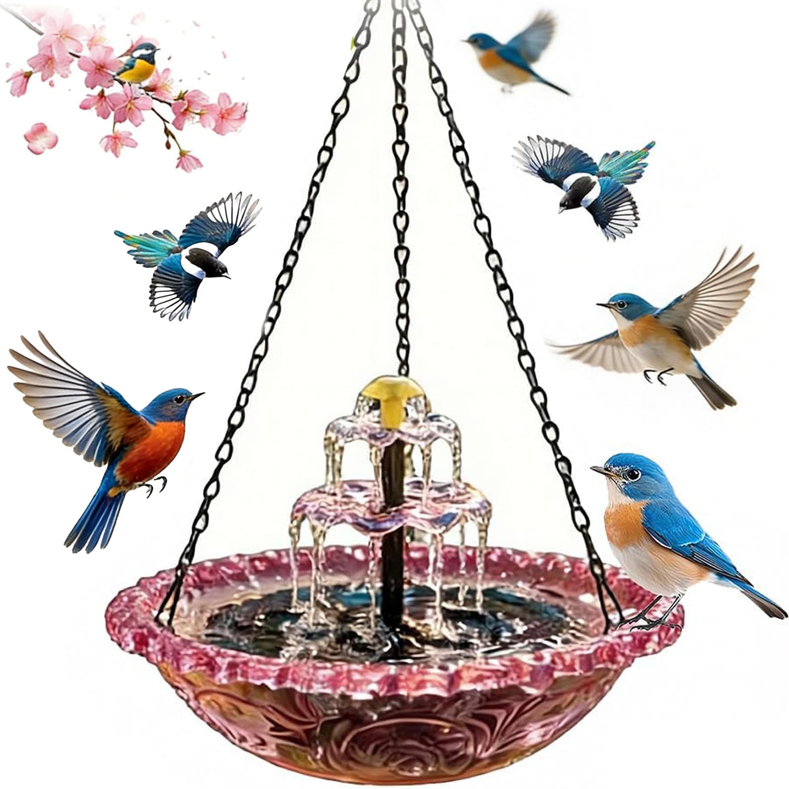 Solar Cascade Hanging Bird Bath Fountain, Outdoor Hanging Bird Bath with Solar Fountain, Large Hummingbird & Wild Bird Feeder, Automatic Water Flow, No Wiring Needed (Pink, B (Double-Tier Fountain))