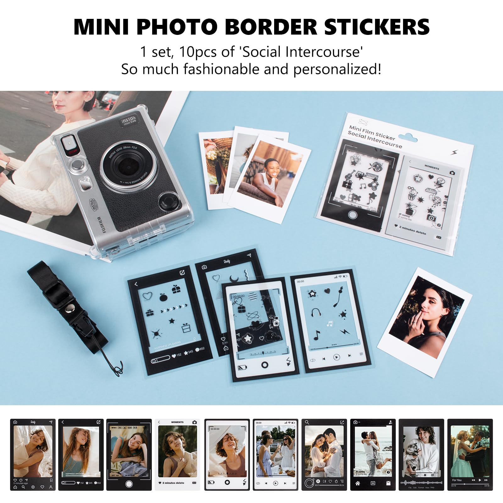 Funda Transparente y Accesorios para Fujifilm Instax Mini EVO, Estuche para Instax Mini EVO, Tapa de Lente, Protector de Pantalla, Marcos Magnéticos y Pegatinas