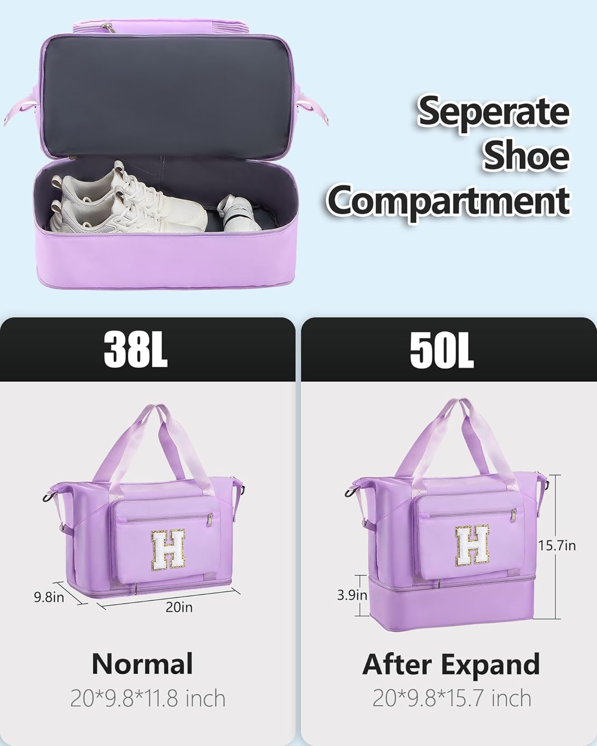 Teen Girl Gifts Trendy Stuff-Initial Duffle Bag for Travel, Carry on Bag Duffel Bags, GYM Weekend Overnight Bag with Shoes Compartment,Hospital Bags for Women-Purple H