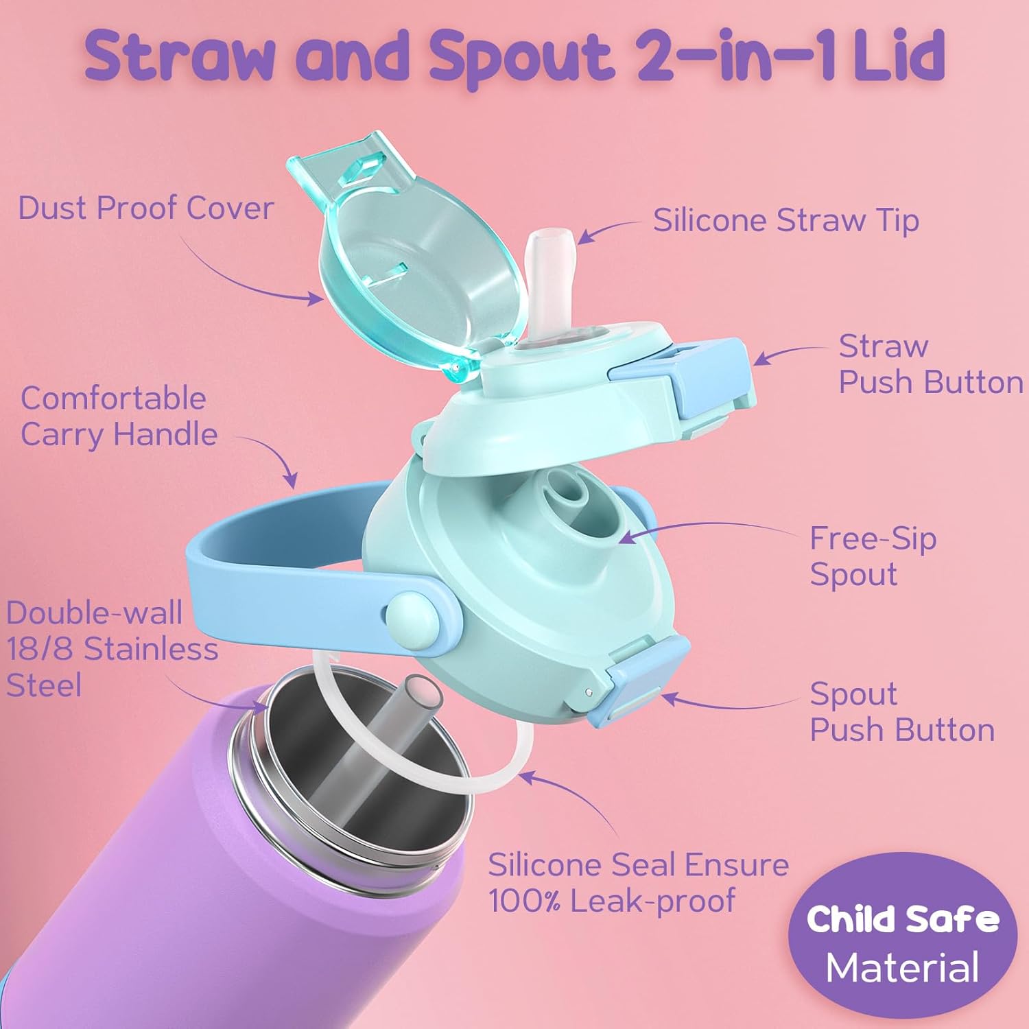 Kids Insulated Water Bottle with Pop-Open Straw & Spout 2-in-1 Lid, 14oz Kids Insulated 18/8 Stainless Steel Water Bottle for School Girls Boys Toddler Water Bottle Leak Proof Toddler Cups, Macaron - Image 2