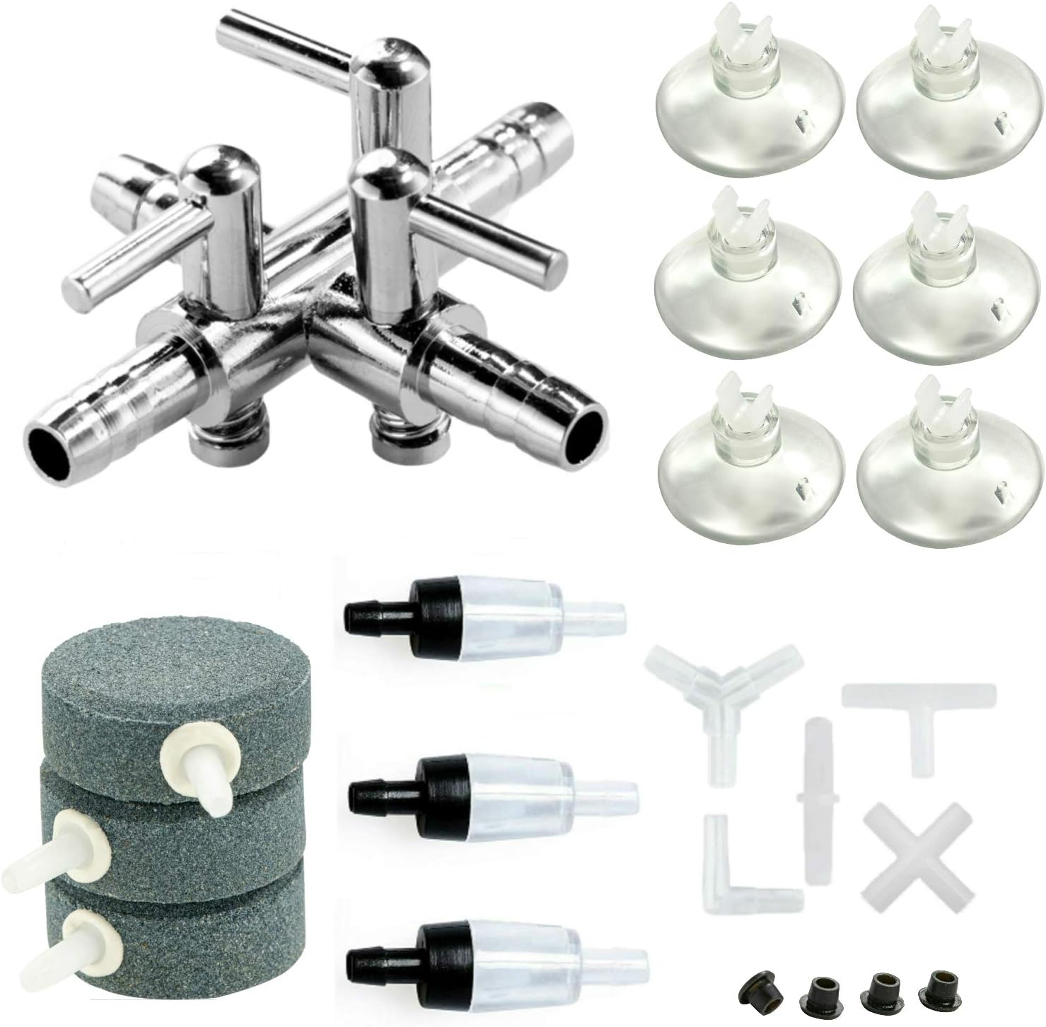 E EVENLIM Aquarium Air Pump Accessories Set for Fish Tank, 3 Air Stones, 5 Connectors, 3 Check Valves, 6 Suction Cups and 1 x 3-Way…
