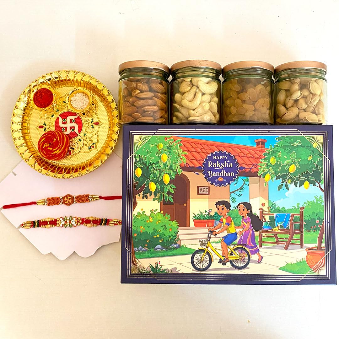 Premium Rakhi Gift Hamper for Brother & Sister | Raksha Bandhan Celebration Box | Golden Puja Thali, Roli Chawal Moli | Designer Rakhi Set with Dry Fruits (Almonds, Cashews, Raisins, Pistachios) 2