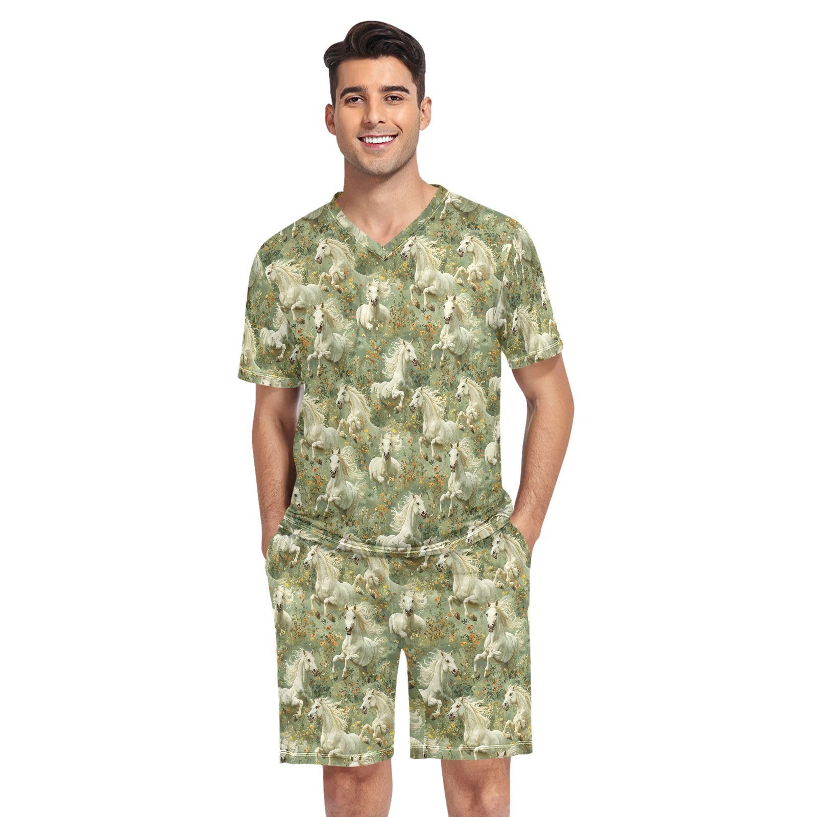 Laprad Men's Pajamas Set Short Sleeve Sleepwear Horses Floral Comfortable Loungewear